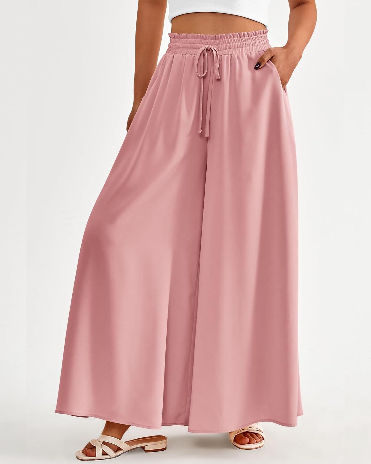 imageBTFBM Women Casual High Waist Wide Leg Pants 2025 Summer Fall Long Palazzo Pants Pocket Lounge Vacation Beach TrousersSolid Pink