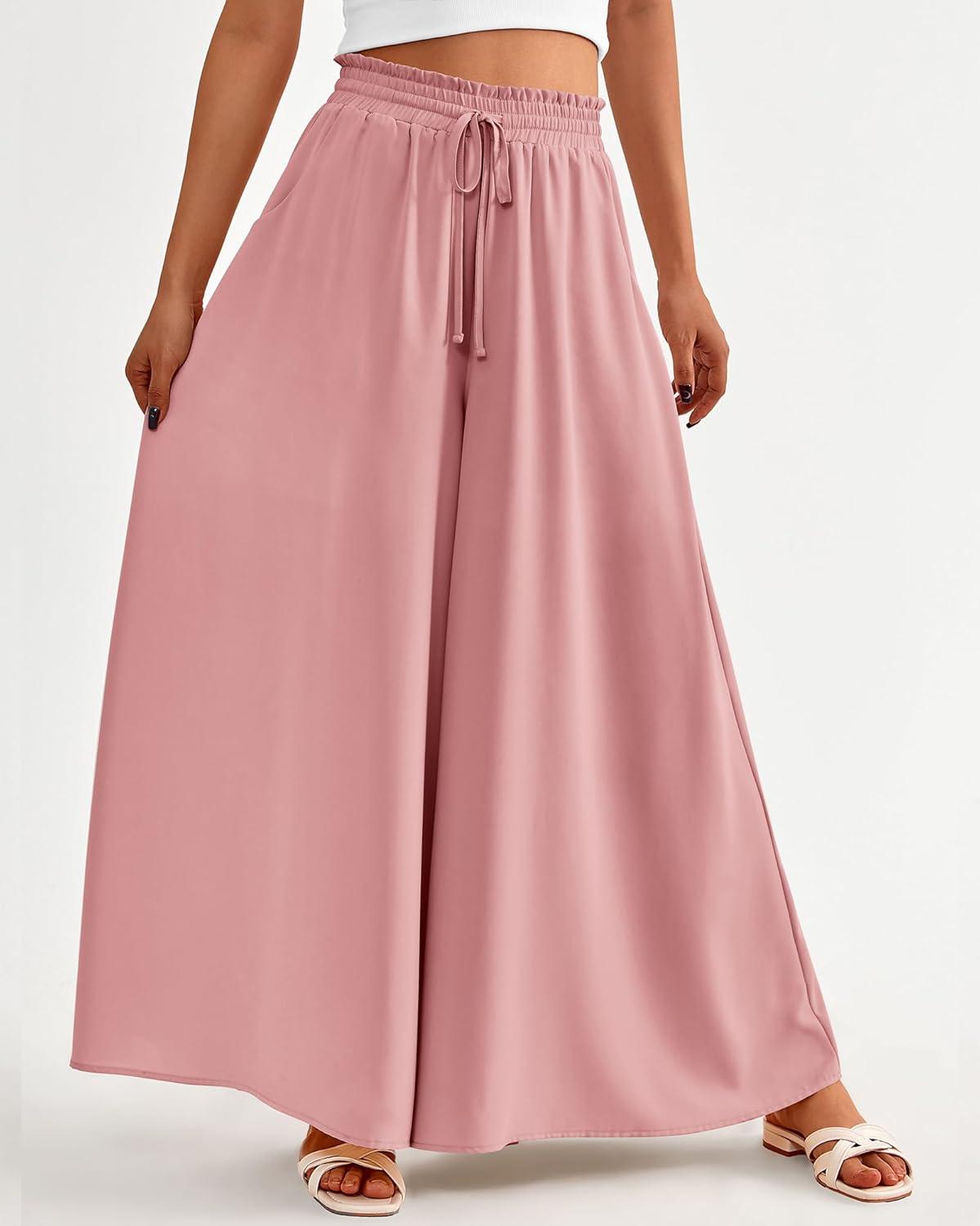 imageBTFBM Women Casual High Waist Wide Leg Pants 2025 Summer Fall Long Palazzo Pants Pocket Lounge Vacation Beach TrousersSolid Pink