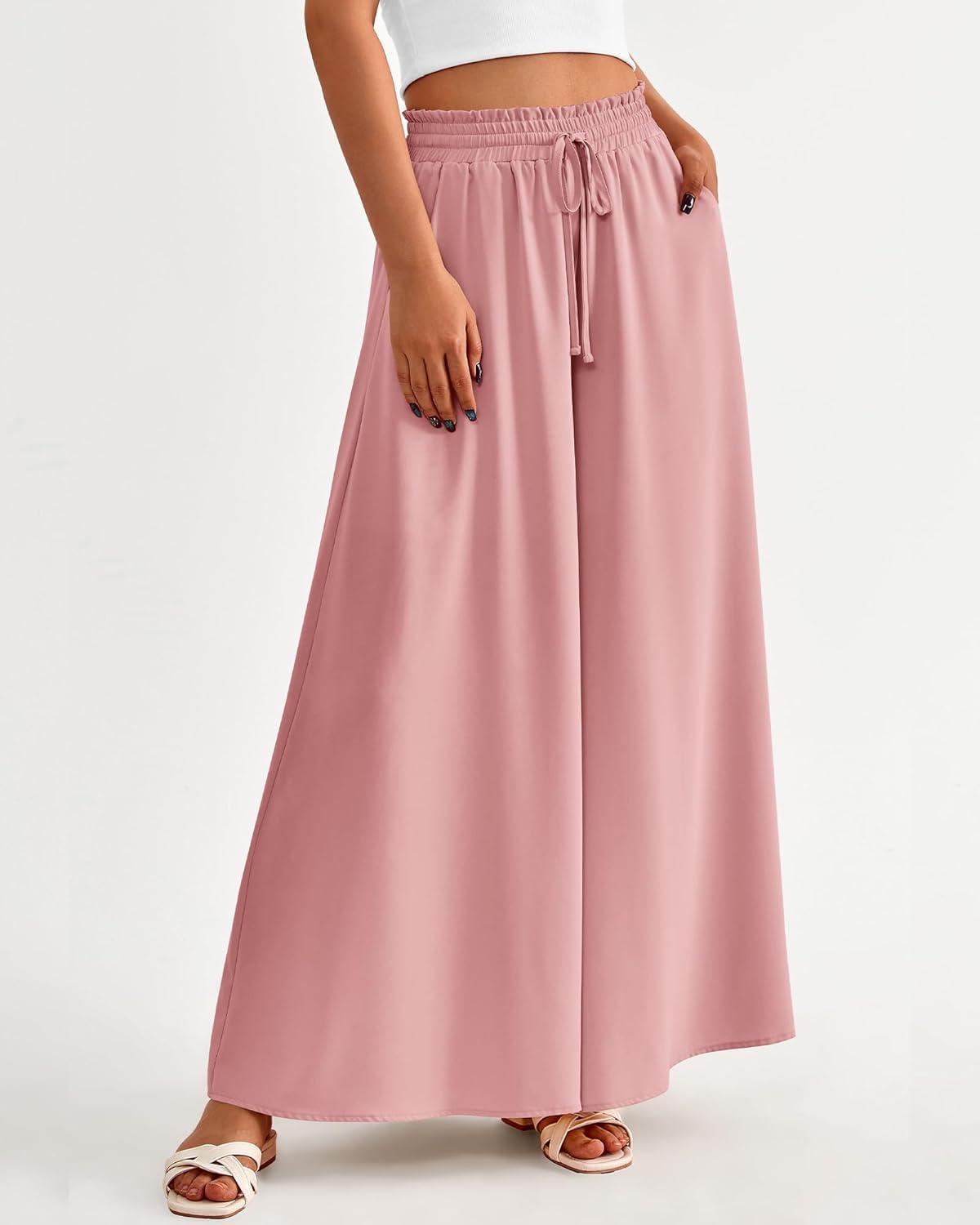 imageBTFBM Women Casual High Waist Wide Leg Pants 2025 Summer Fall Long Palazzo Pants Pocket Lounge Vacation Beach TrousersSolid Pink