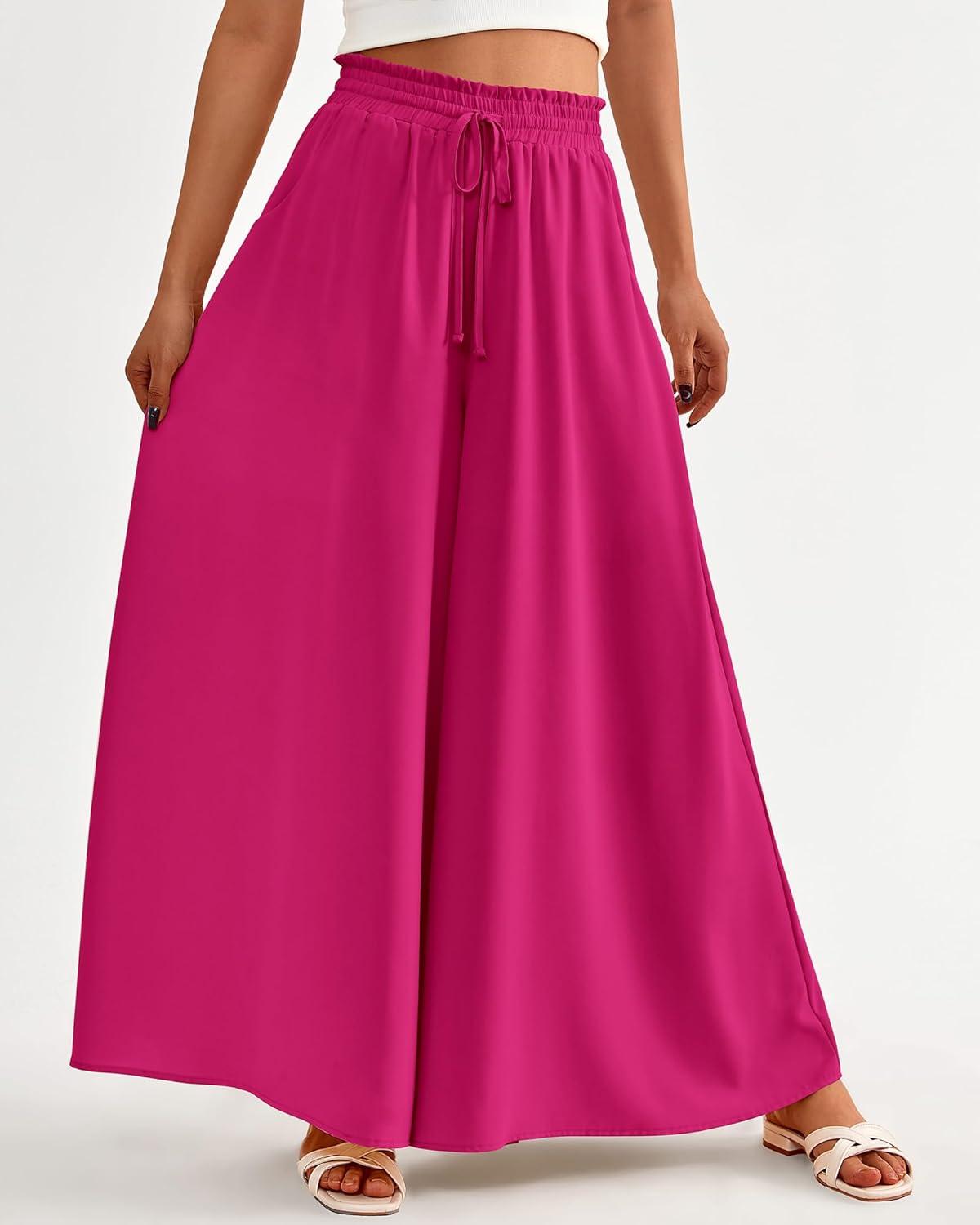 imageBTFBM Women Casual High Waist Wide Leg Pants 2025 Summer Fall Long Palazzo Pants Pocket Lounge Vacation Beach TrousersSolid Rose Red