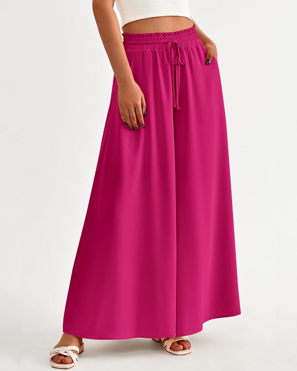 imageBTFBM Women Casual High Waist Wide Leg Pants 2025 Summer Fall Long Palazzo Pants Pocket Lounge Vacation Beach TrousersSolid Rose Red