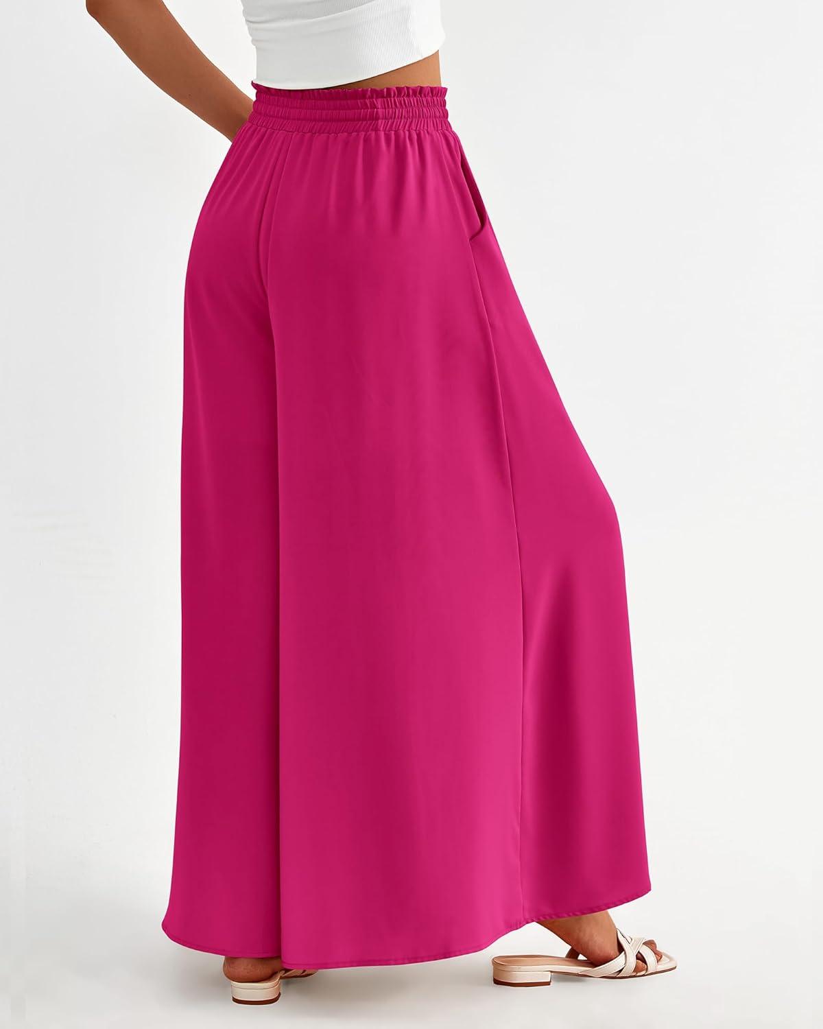 imageBTFBM Women Casual High Waist Wide Leg Pants 2025 Summer Fall Long Palazzo Pants Pocket Lounge Vacation Beach TrousersSolid Rose Red
