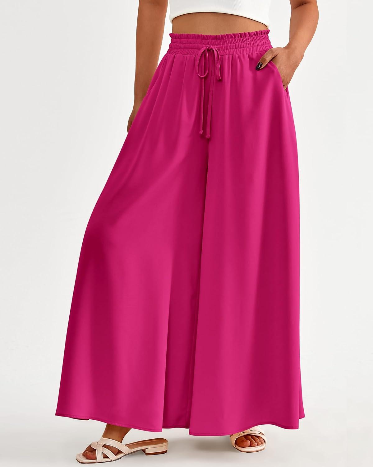 imageBTFBM Women Casual High Waist Wide Leg Pants 2025 Summer Fall Long Palazzo Pants Pocket Lounge Vacation Beach TrousersSolid Rose Red