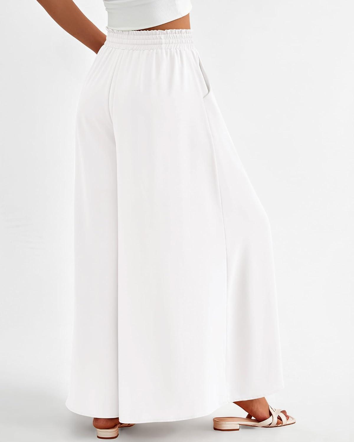 imageBTFBM Women Casual High Waist Wide Leg Pants 2025 Summer Fall Long Palazzo Pants Pocket Lounge Vacation Beach TrousersSolid White