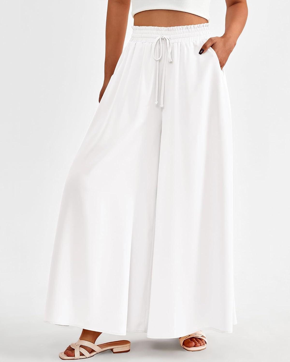 imageBTFBM Women Casual High Waist Wide Leg Pants 2025 Summer Fall Long Palazzo Pants Pocket Lounge Vacation Beach TrousersSolid White