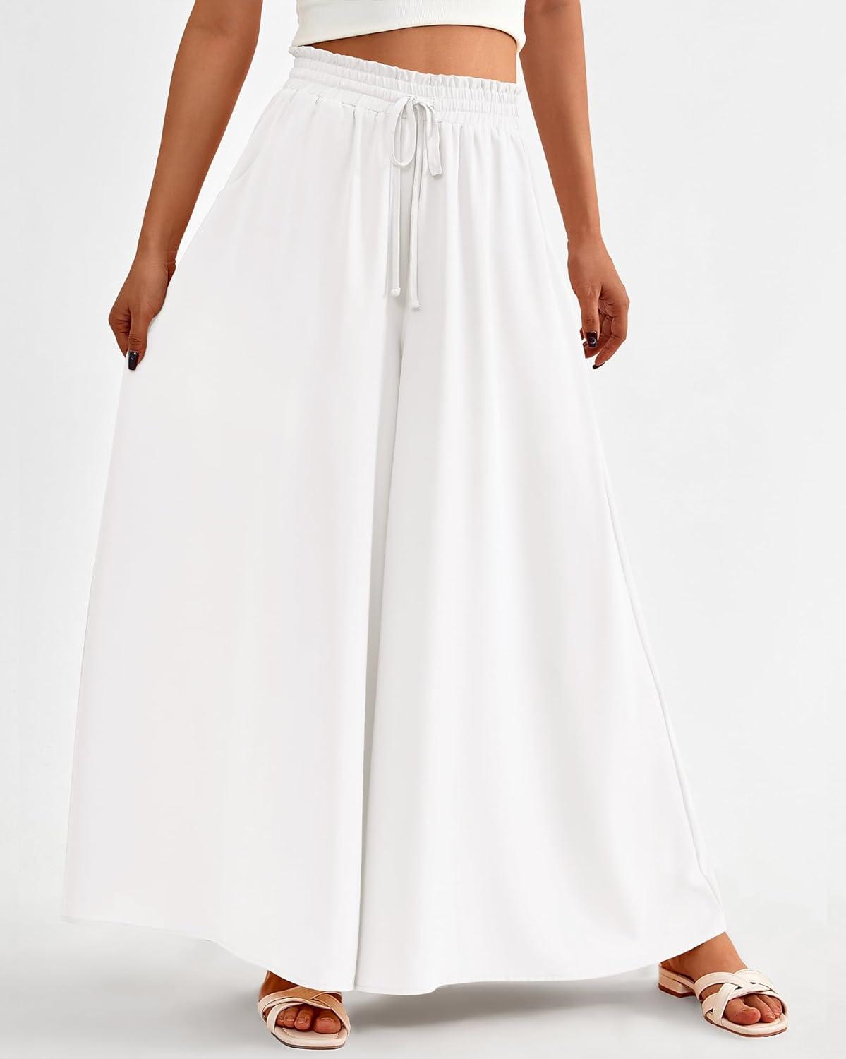 imageBTFBM Women Casual High Waist Wide Leg Pants 2025 Summer Fall Long Palazzo Pants Pocket Lounge Vacation Beach TrousersSolid White