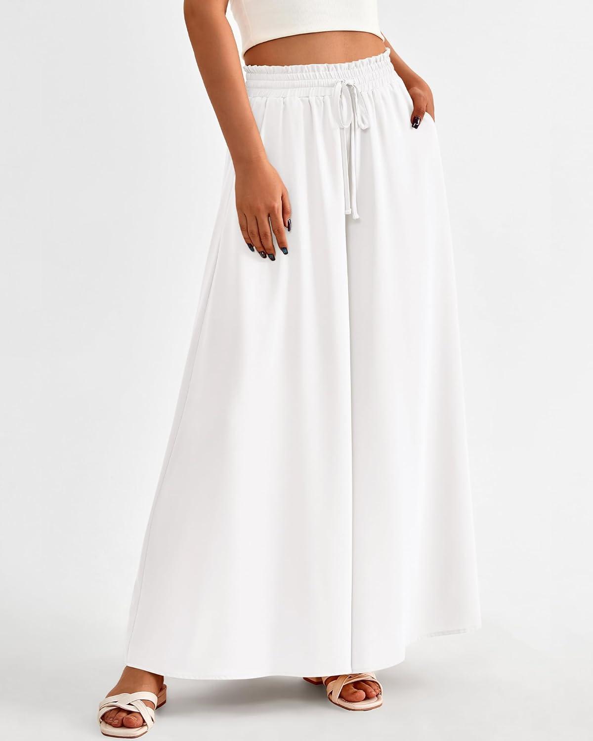 imageBTFBM Women Casual High Waist Wide Leg Pants 2025 Summer Fall Long Palazzo Pants Pocket Lounge Vacation Beach TrousersSolid White