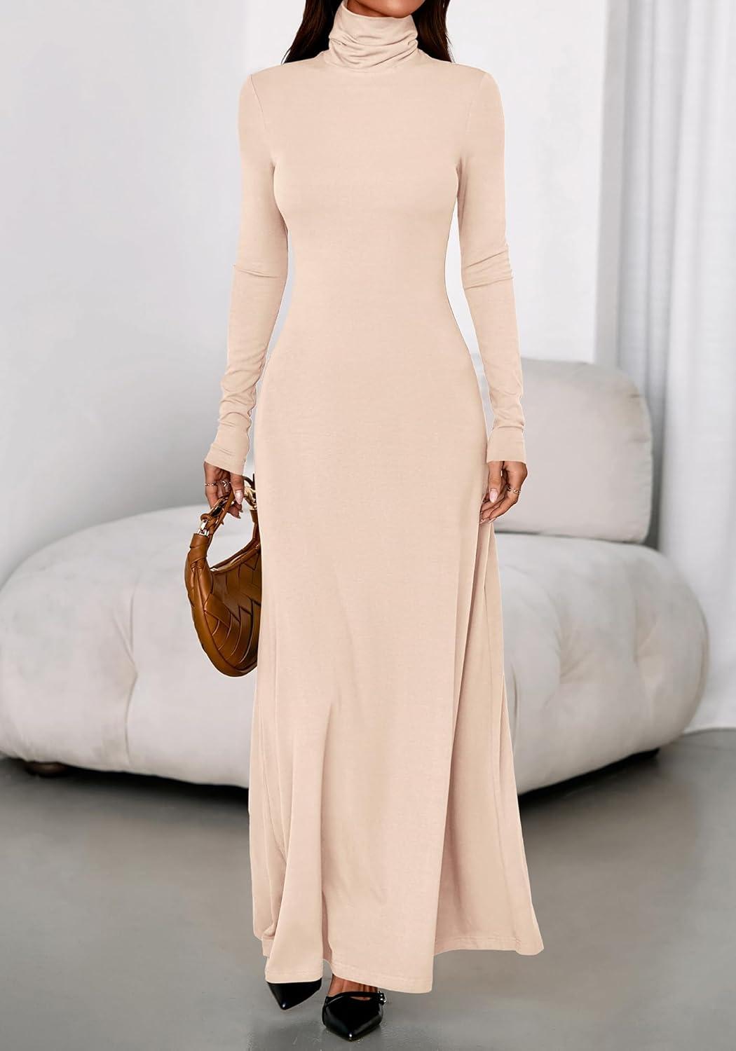 imageBTFBM Womens Dresses Long Sleeve Turtle Neck Stretchy Knit Long Maxi Semi Formal Party Fall Wedding Guest Dress 2025Apricot