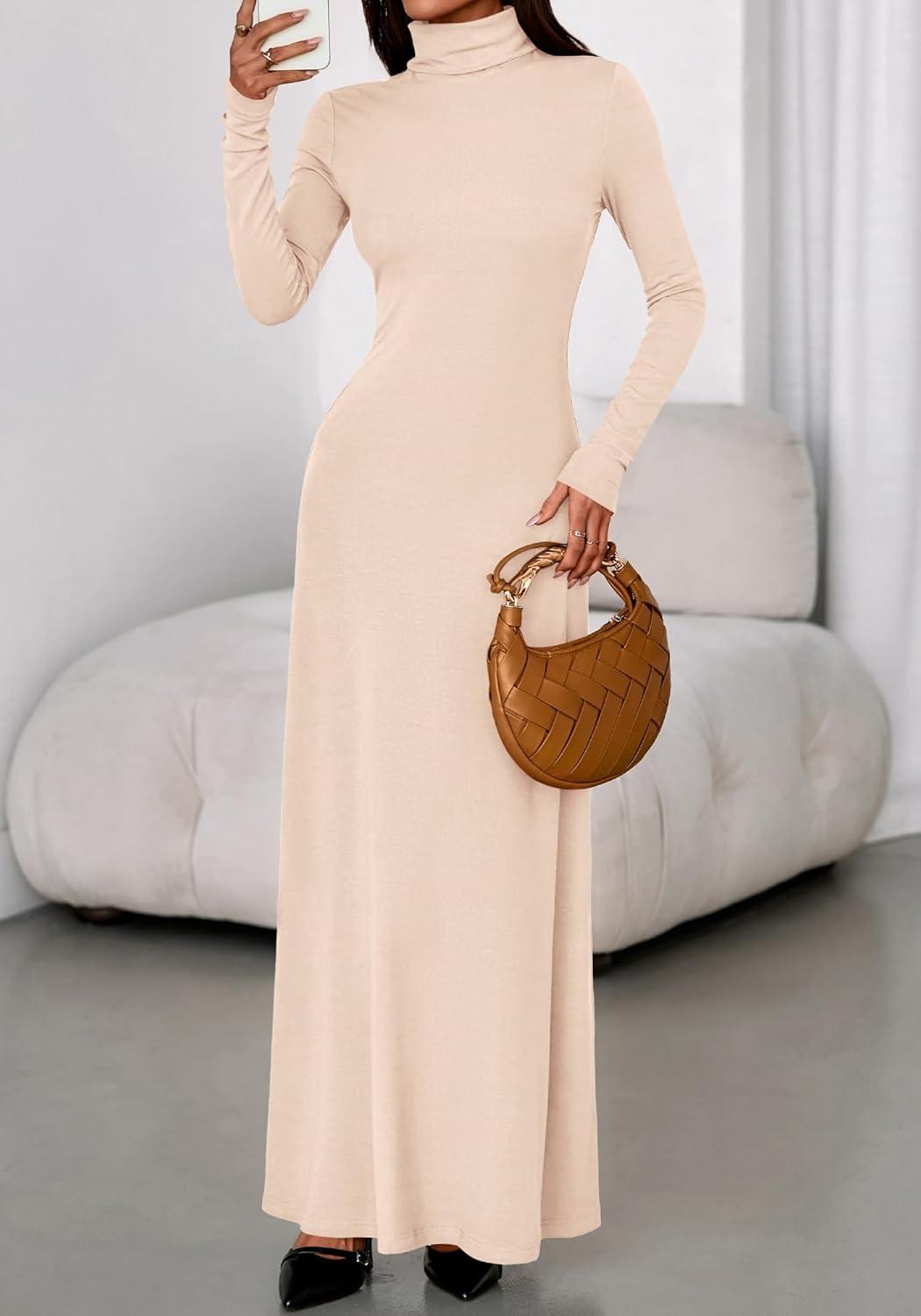 imageBTFBM Womens Dresses Long Sleeve Turtle Neck Stretchy Knit Long Maxi Semi Formal Party Fall Wedding Guest Dress 2025Apricot