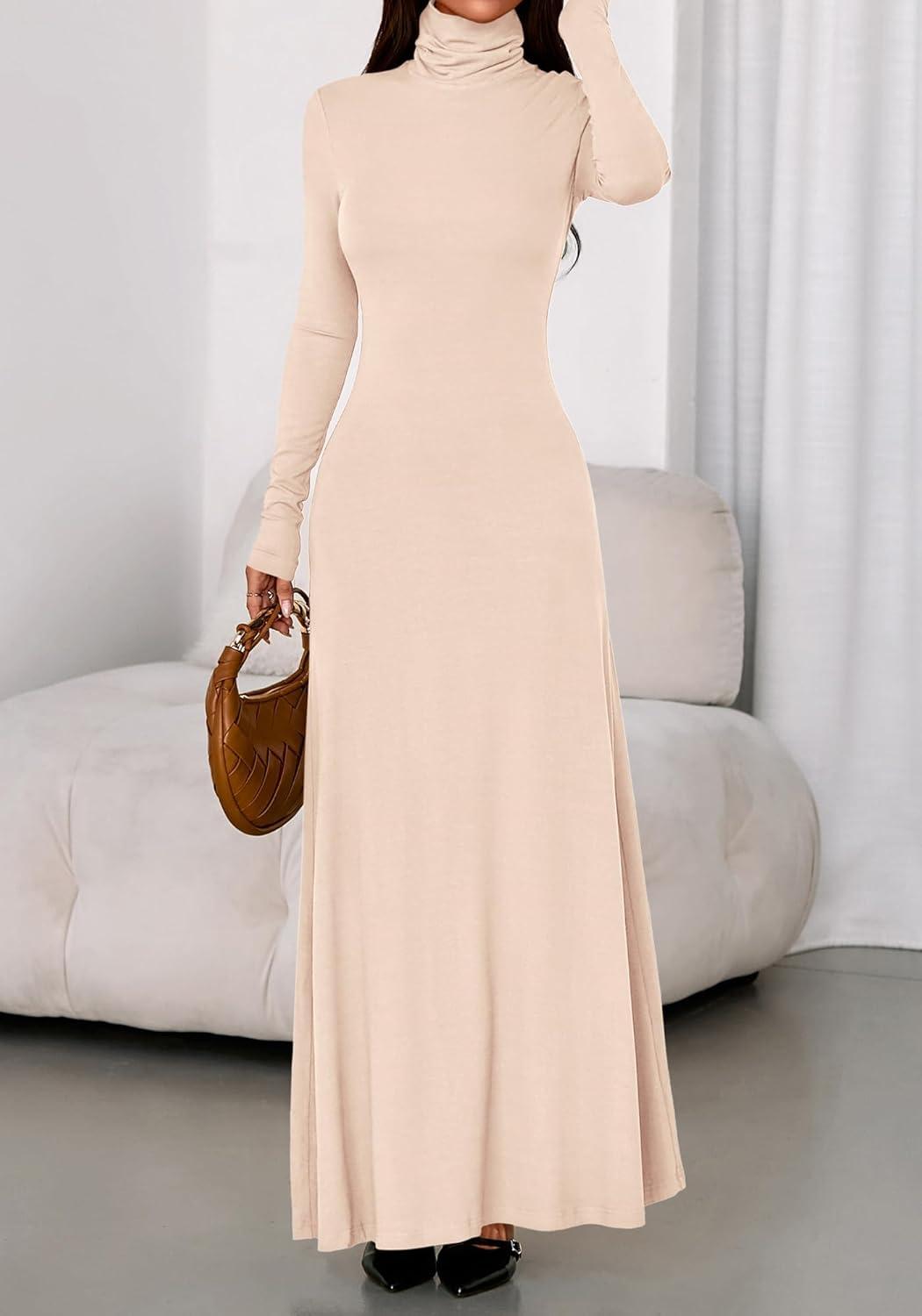 imageBTFBM Womens Dresses Long Sleeve Turtle Neck Stretchy Knit Long Maxi Semi Formal Party Fall Wedding Guest Dress 2025Apricot