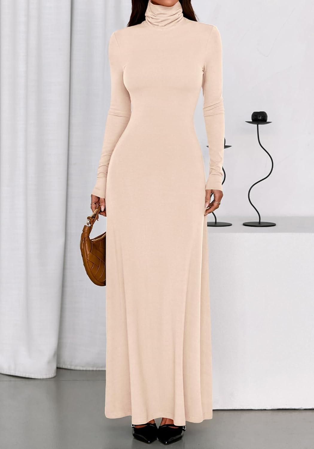 imageBTFBM Womens Dresses Long Sleeve Turtle Neck Stretchy Knit Long Maxi Semi Formal Party Fall Wedding Guest Dress 2025Apricot