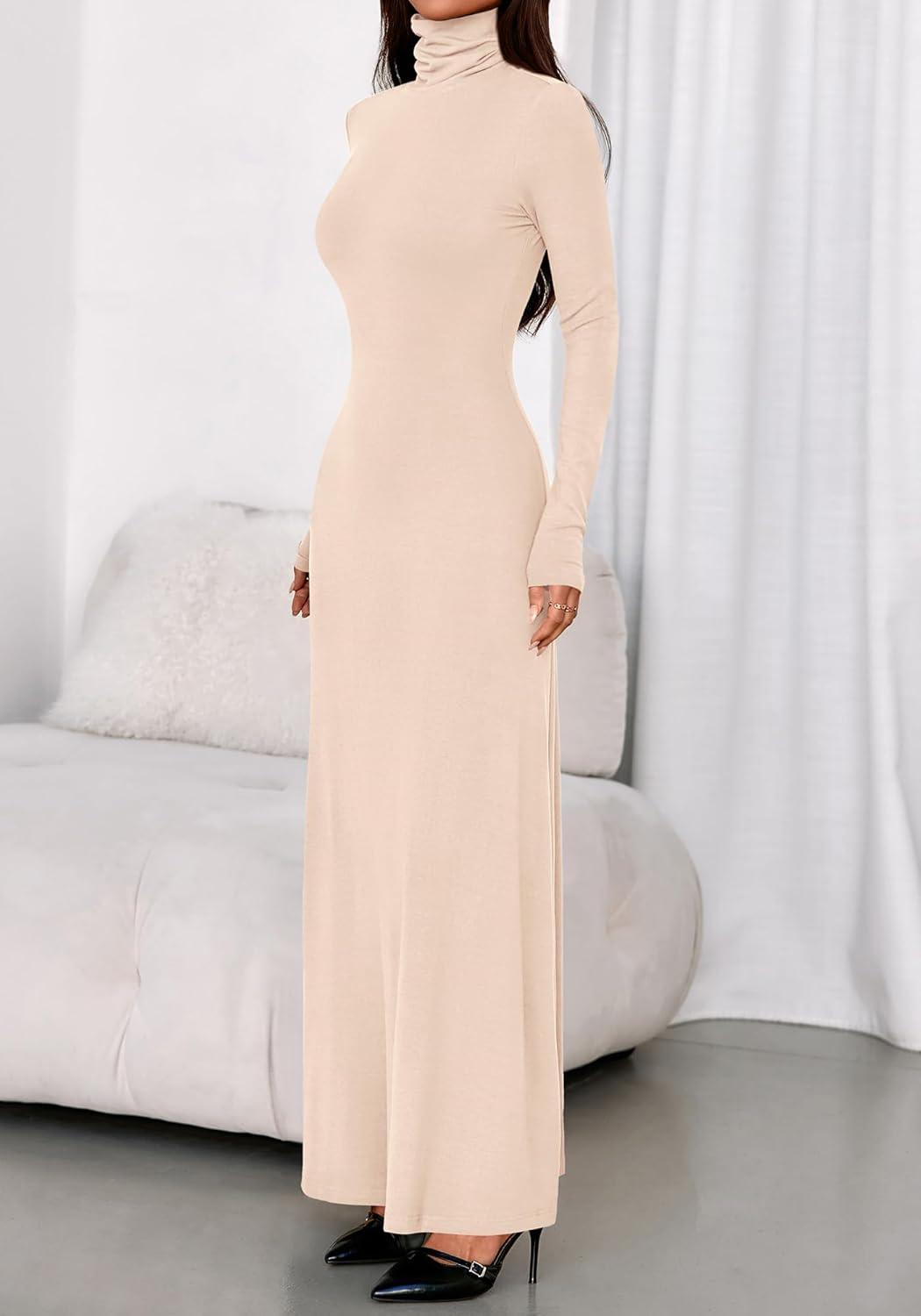 imageBTFBM Womens Dresses Long Sleeve Turtle Neck Stretchy Knit Long Maxi Semi Formal Party Fall Wedding Guest Dress 2025Apricot