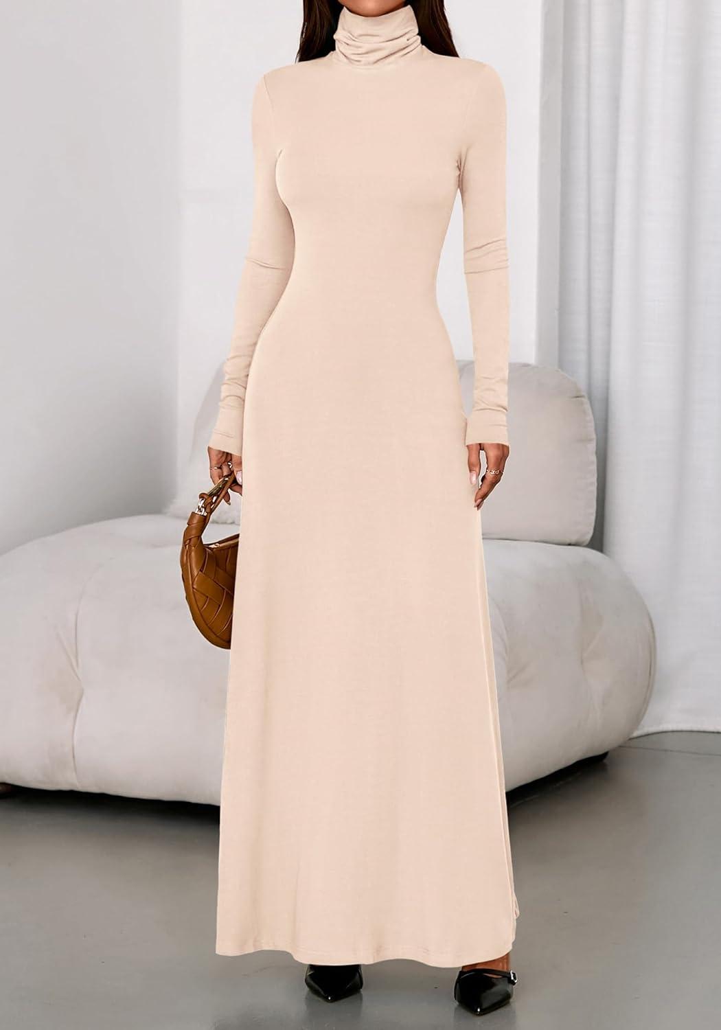 imageBTFBM Womens Dresses Long Sleeve Turtle Neck Stretchy Knit Long Maxi Semi Formal Party Fall Wedding Guest Dress 2025Apricot