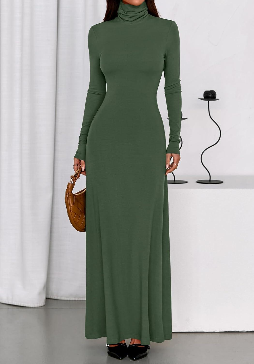 imageBTFBM Womens Dresses Long Sleeve Turtle Neck Stretchy Knit Long Maxi Semi Formal Party Fall Wedding Guest Dress 2025Army Green