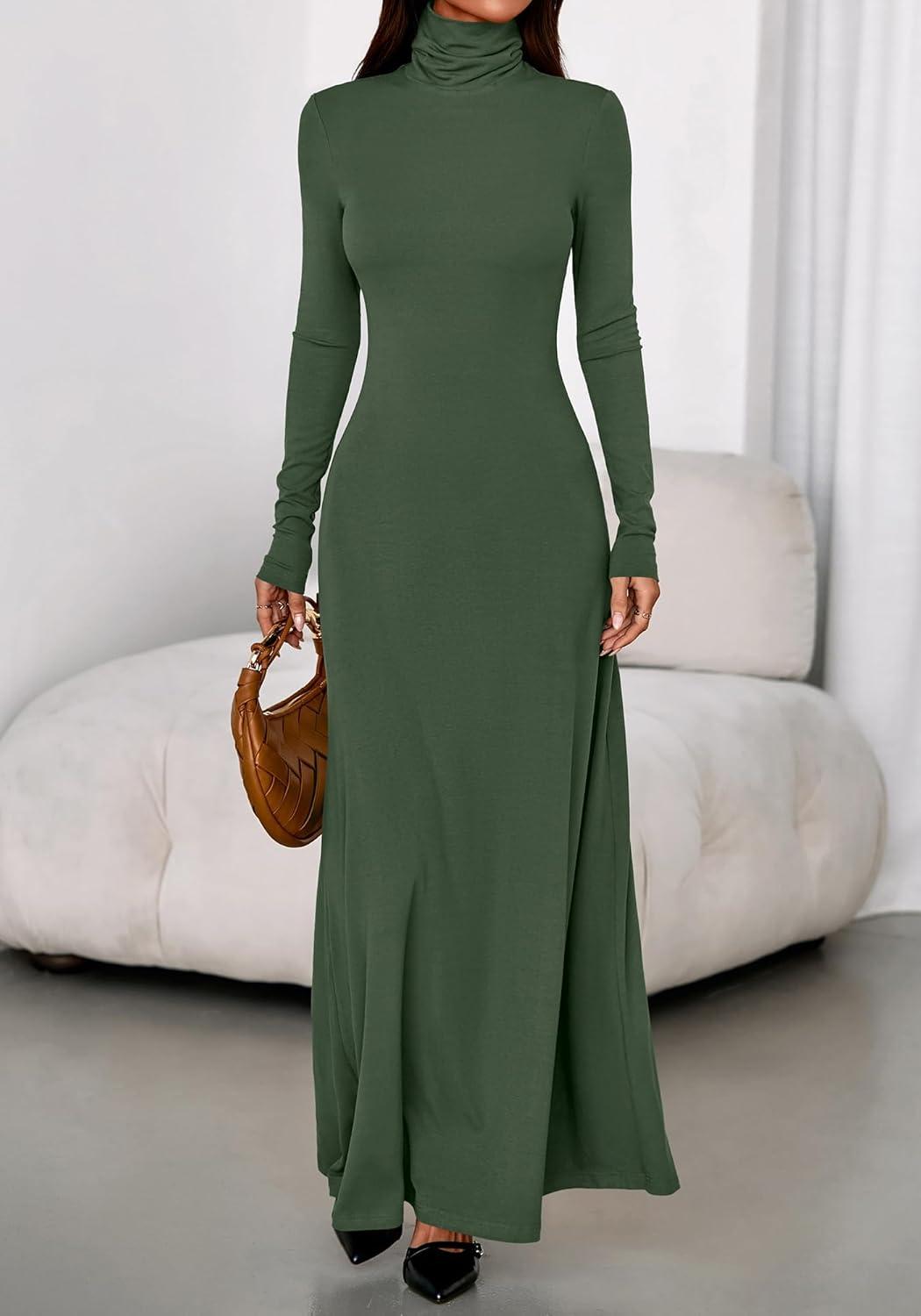 imageBTFBM Womens Dresses Long Sleeve Turtle Neck Stretchy Knit Long Maxi Semi Formal Party Fall Wedding Guest Dress 2025Army Green