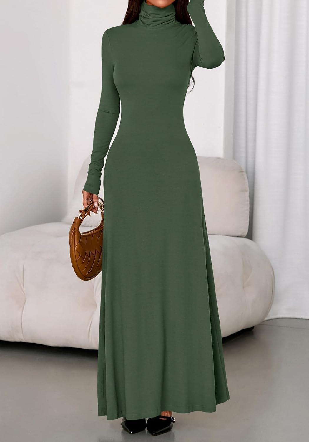 imageBTFBM Womens Dresses Long Sleeve Turtle Neck Stretchy Knit Long Maxi Semi Formal Party Fall Wedding Guest Dress 2025Army Green