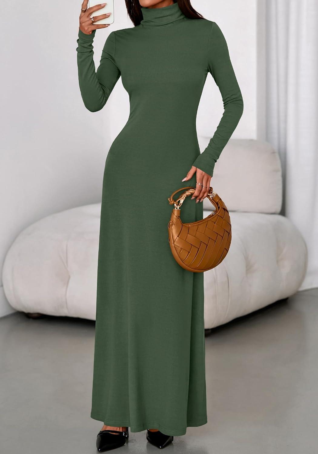 imageBTFBM Womens Dresses Long Sleeve Turtle Neck Stretchy Knit Long Maxi Semi Formal Party Fall Wedding Guest Dress 2025Army Green