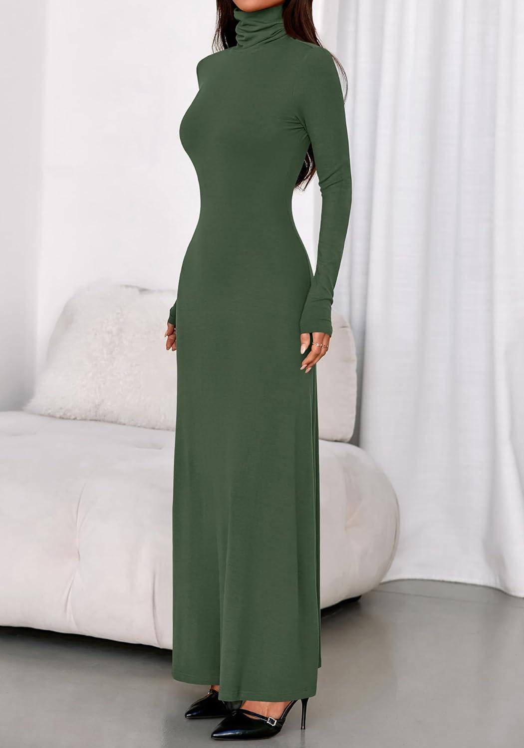 imageBTFBM Womens Dresses Long Sleeve Turtle Neck Stretchy Knit Long Maxi Semi Formal Party Fall Wedding Guest Dress 2025Army Green
