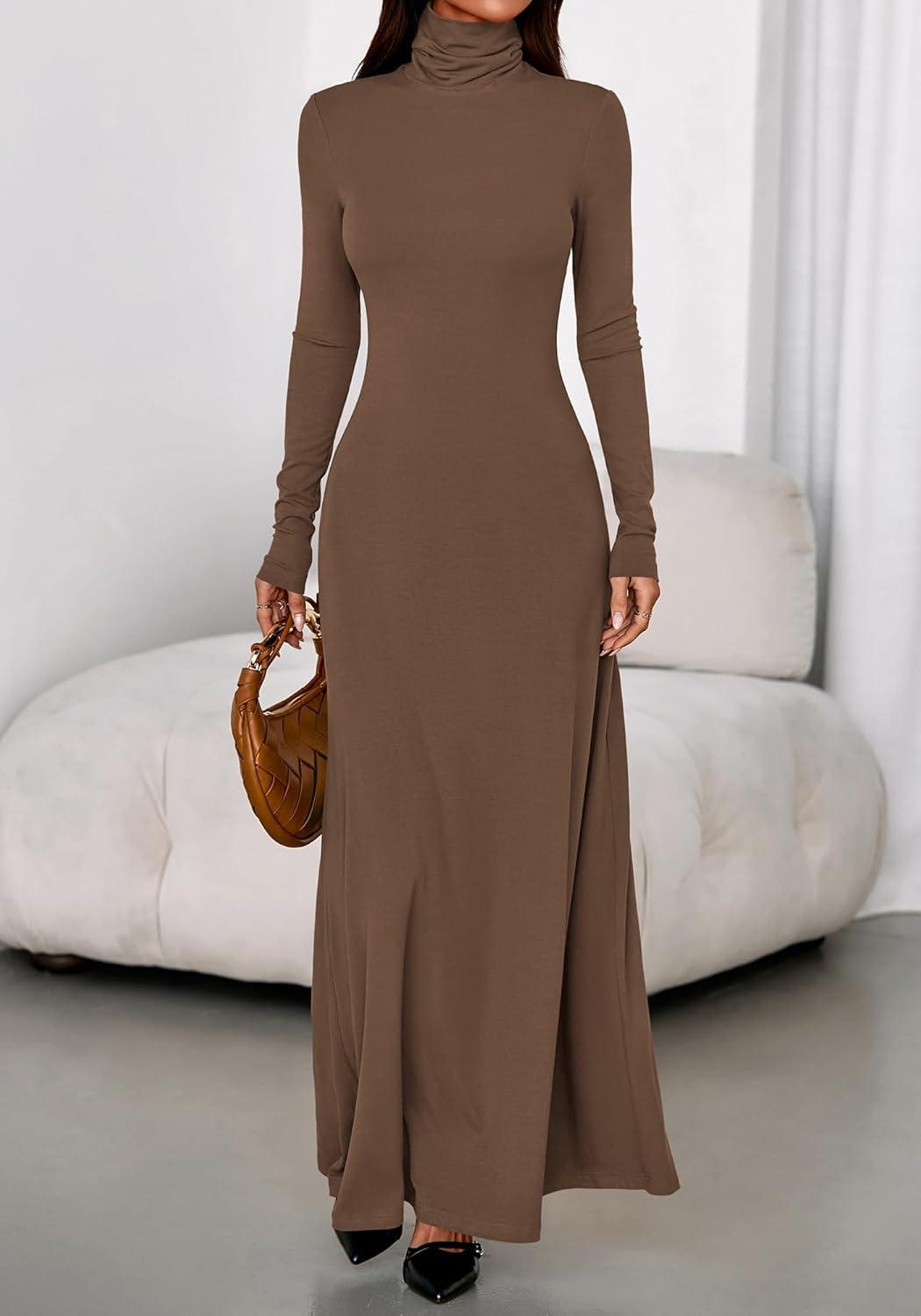 imageBTFBM Womens Dresses Long Sleeve Turtle Neck Stretchy Knit Long Maxi Semi Formal Party Fall Wedding Guest Dress 2025Brown