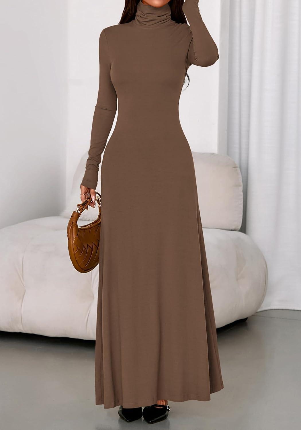 imageBTFBM Womens Dresses Long Sleeve Turtle Neck Stretchy Knit Long Maxi Semi Formal Party Fall Wedding Guest Dress 2025Brown