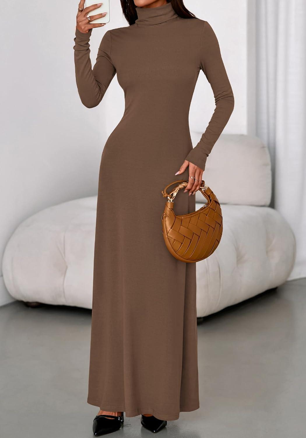 imageBTFBM Womens Dresses Long Sleeve Turtle Neck Stretchy Knit Long Maxi Semi Formal Party Fall Wedding Guest Dress 2025Brown