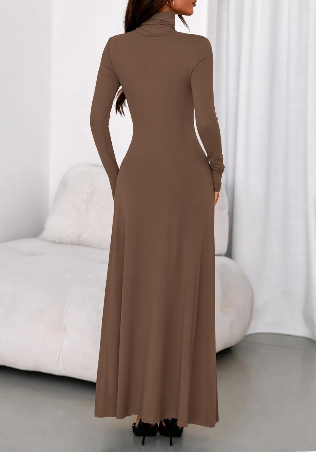 imageBTFBM Womens Dresses Long Sleeve Turtle Neck Stretchy Knit Long Maxi Semi Formal Party Fall Wedding Guest Dress 2025Brown