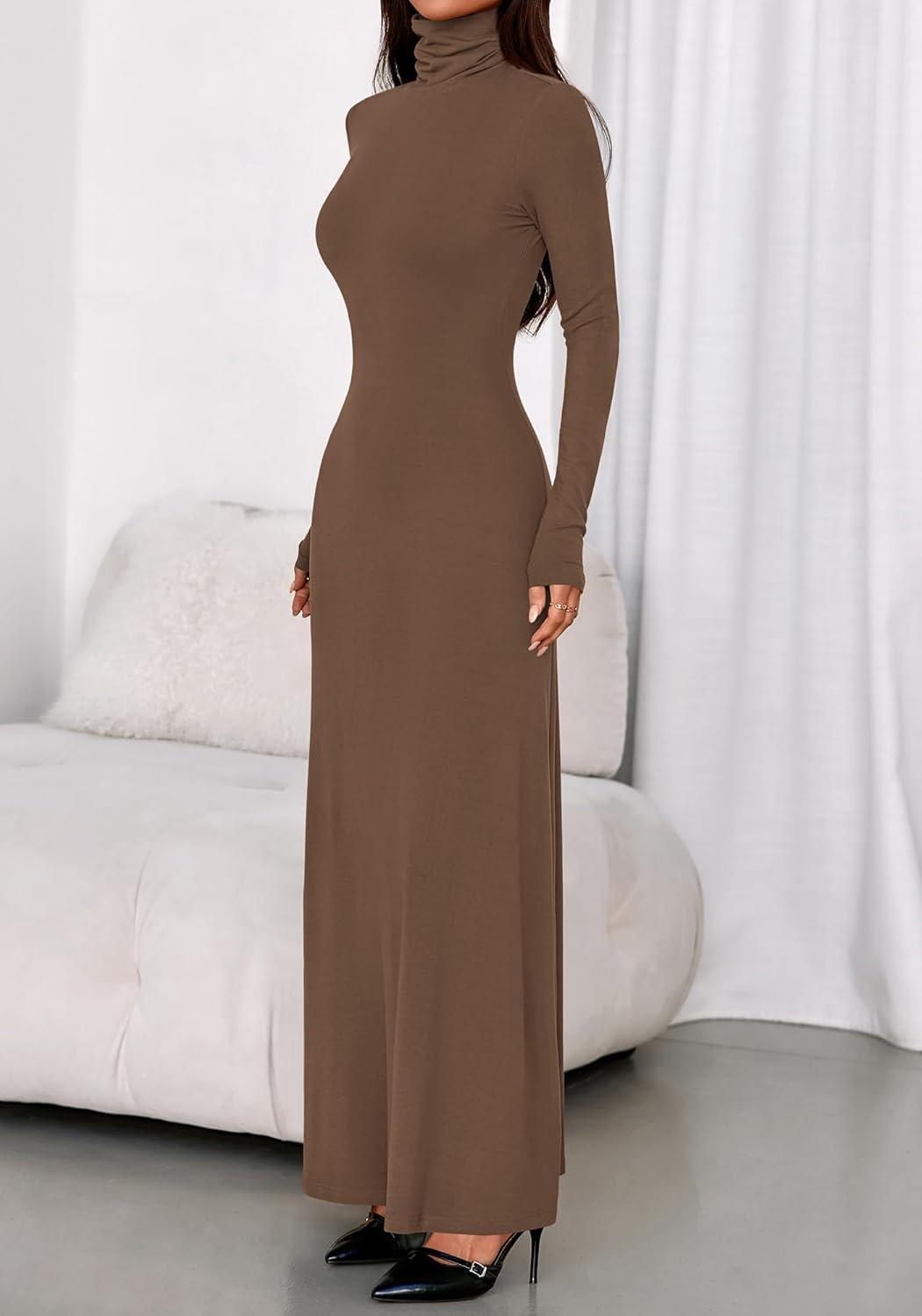 imageBTFBM Womens Dresses Long Sleeve Turtle Neck Stretchy Knit Long Maxi Semi Formal Party Fall Wedding Guest Dress 2025Brown