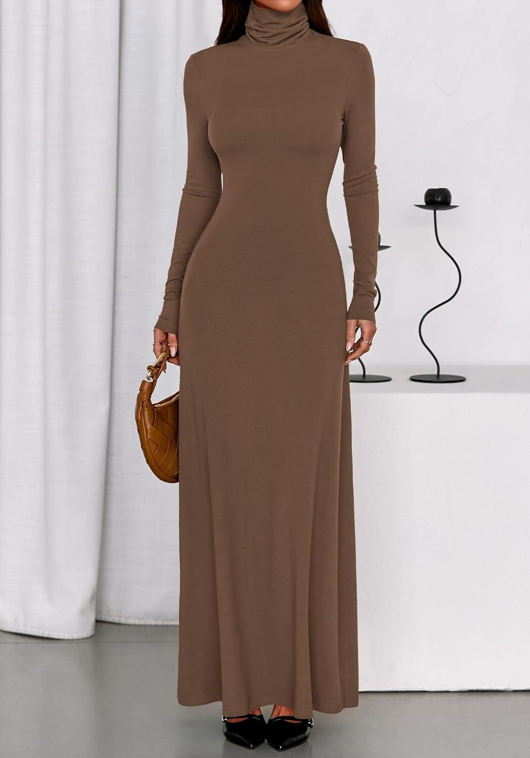 imageBTFBM Womens Dresses Long Sleeve Turtle Neck Stretchy Knit Long Maxi Semi Formal Party Fall Wedding Guest Dress 2025Brown