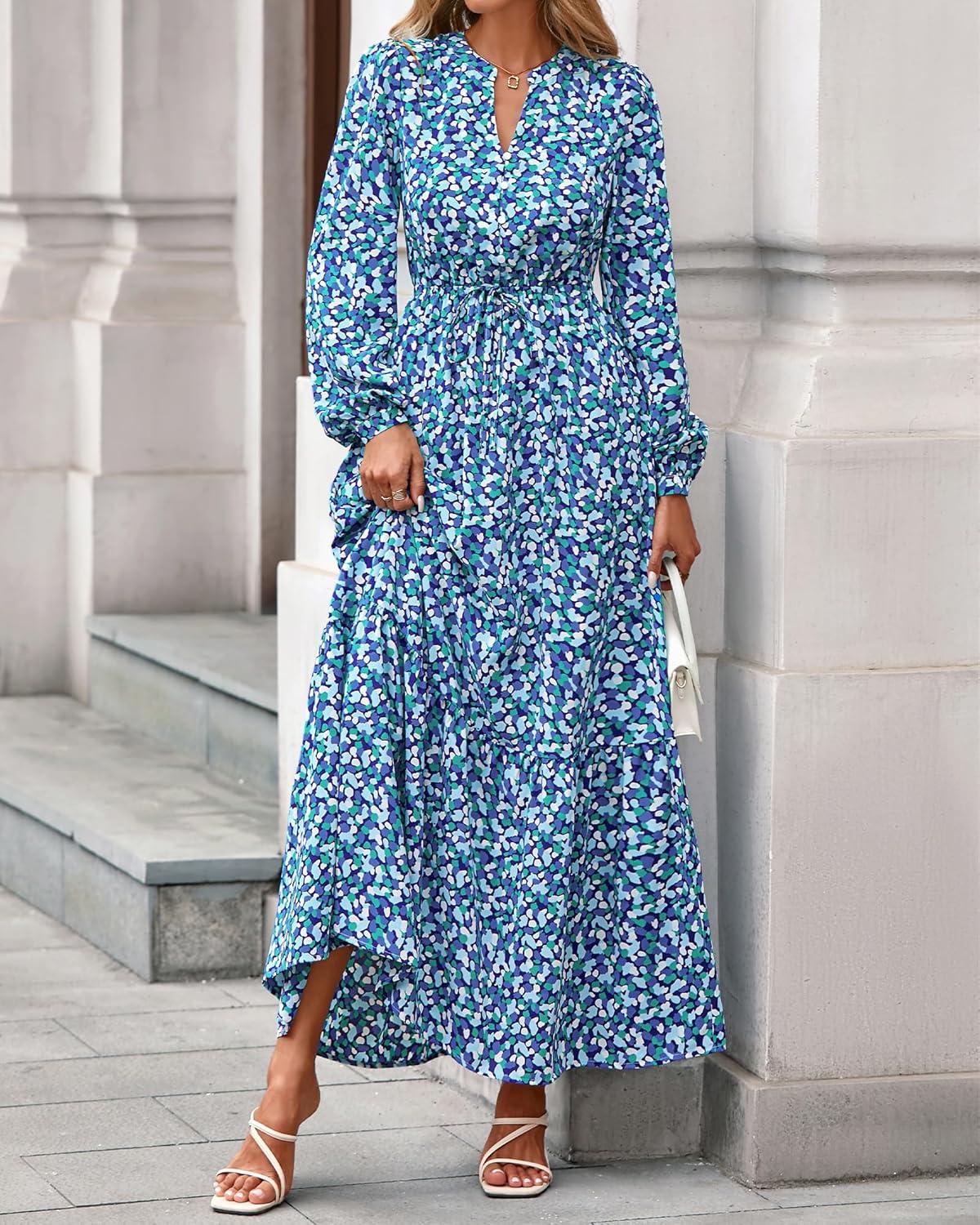 imageBTFBM Womens Fall Dresses 2025 Casual Long Sleeve Boho Floral V Neck Button Down Pockets Flowy Vacation Wedding DressBlue
