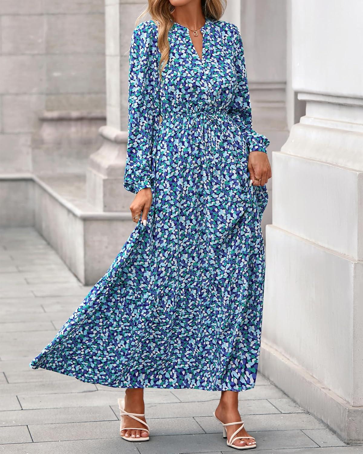 imageBTFBM Womens Fall Dresses 2025 Casual Long Sleeve Boho Floral V Neck Button Down Pockets Flowy Vacation Wedding DressBlue