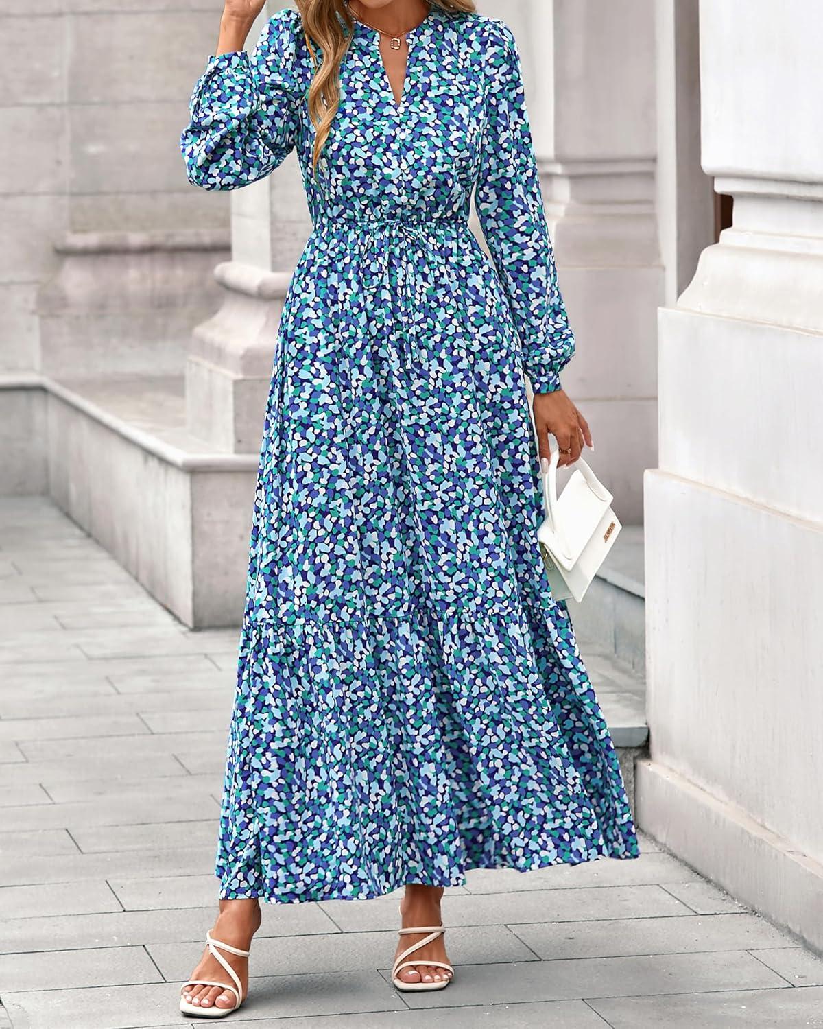 imageBTFBM Womens Fall Dresses 2025 Casual Long Sleeve Boho Floral V Neck Button Down Pockets Flowy Vacation Wedding DressBlue