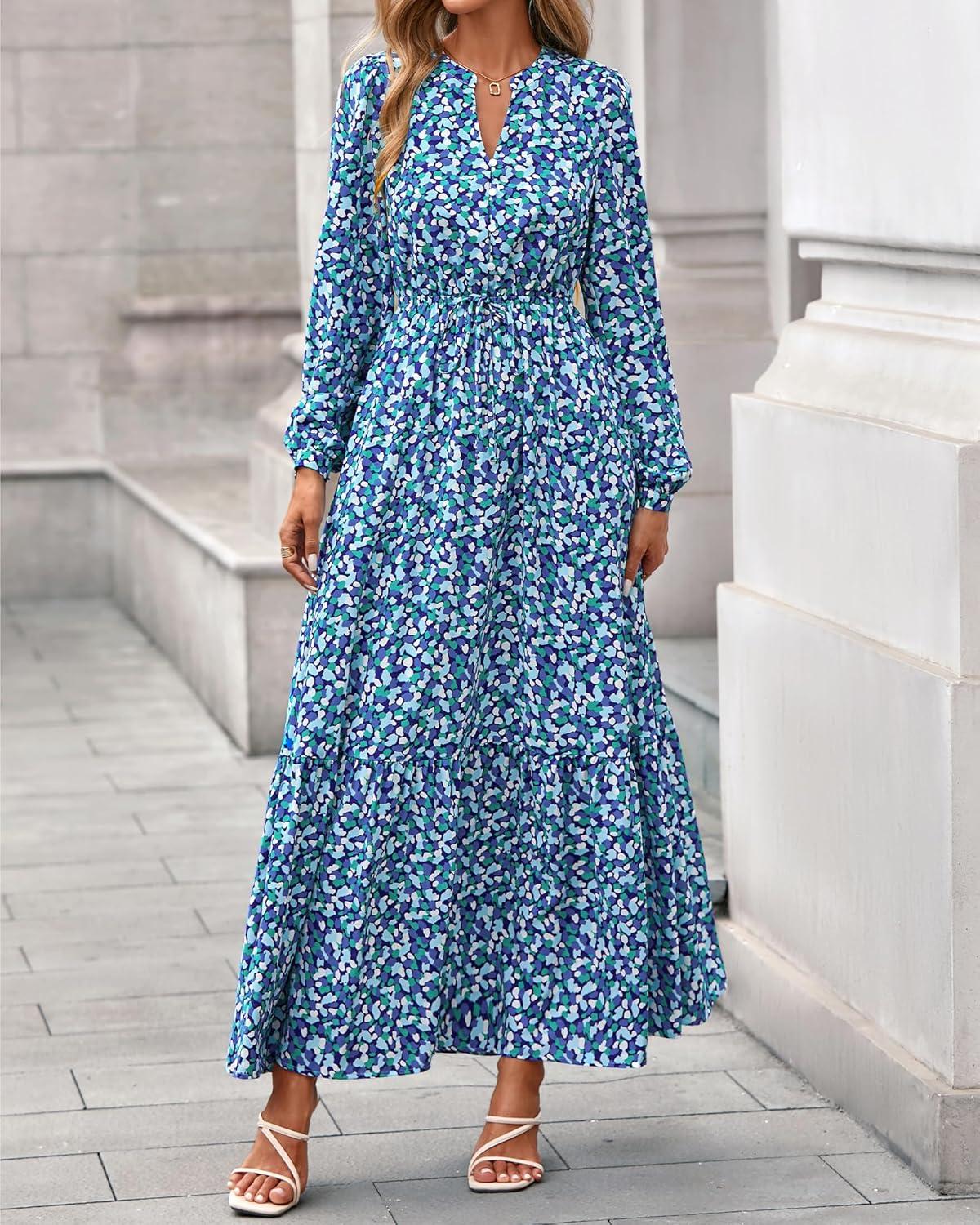 imageBTFBM Womens Fall Dresses 2025 Casual Long Sleeve Boho Floral V Neck Button Down Pockets Flowy Vacation Wedding DressBlue
