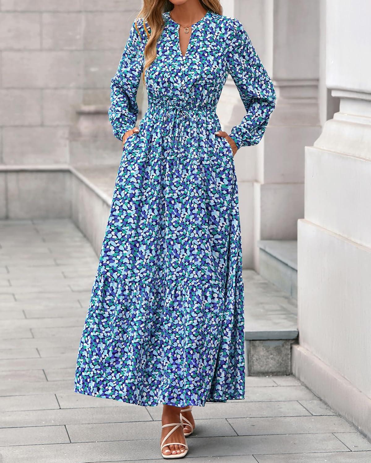 imageBTFBM Womens Fall Dresses 2025 Casual Long Sleeve Boho Floral V Neck Button Down Pockets Flowy Vacation Wedding DressBlue