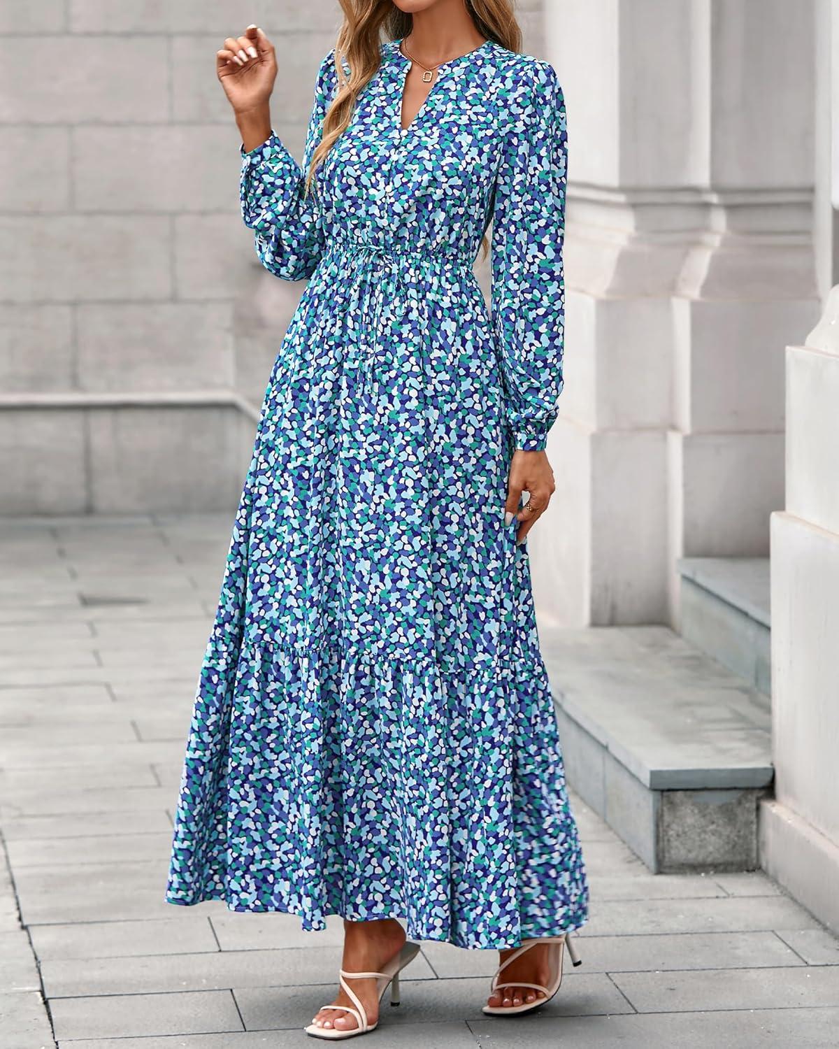 imageBTFBM Womens Fall Dresses 2025 Casual Long Sleeve Boho Floral V Neck Button Down Pockets Flowy Vacation Wedding DressBlue