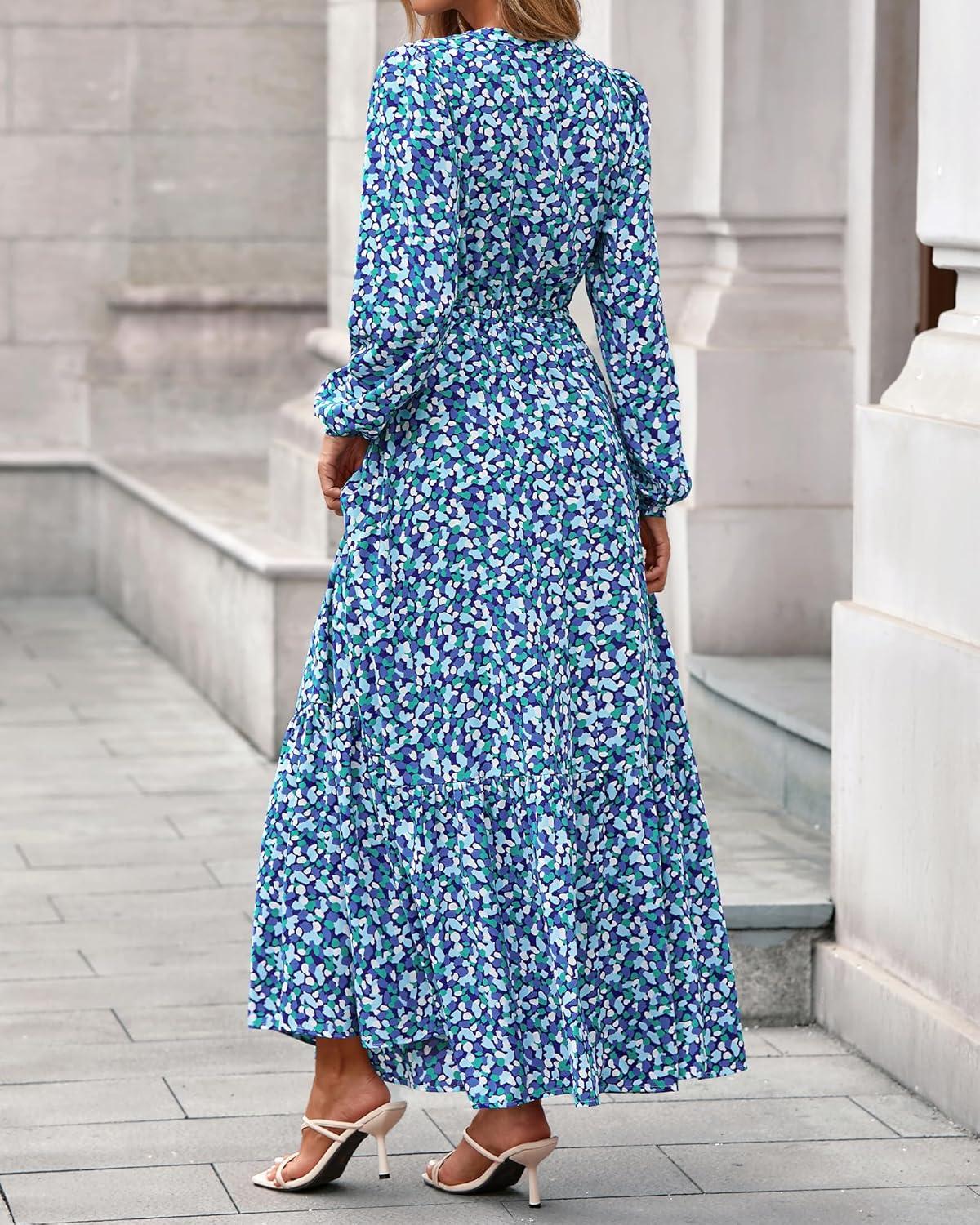imageBTFBM Womens Fall Dresses 2025 Casual Long Sleeve Boho Floral V Neck Button Down Pockets Flowy Vacation Wedding DressBlue