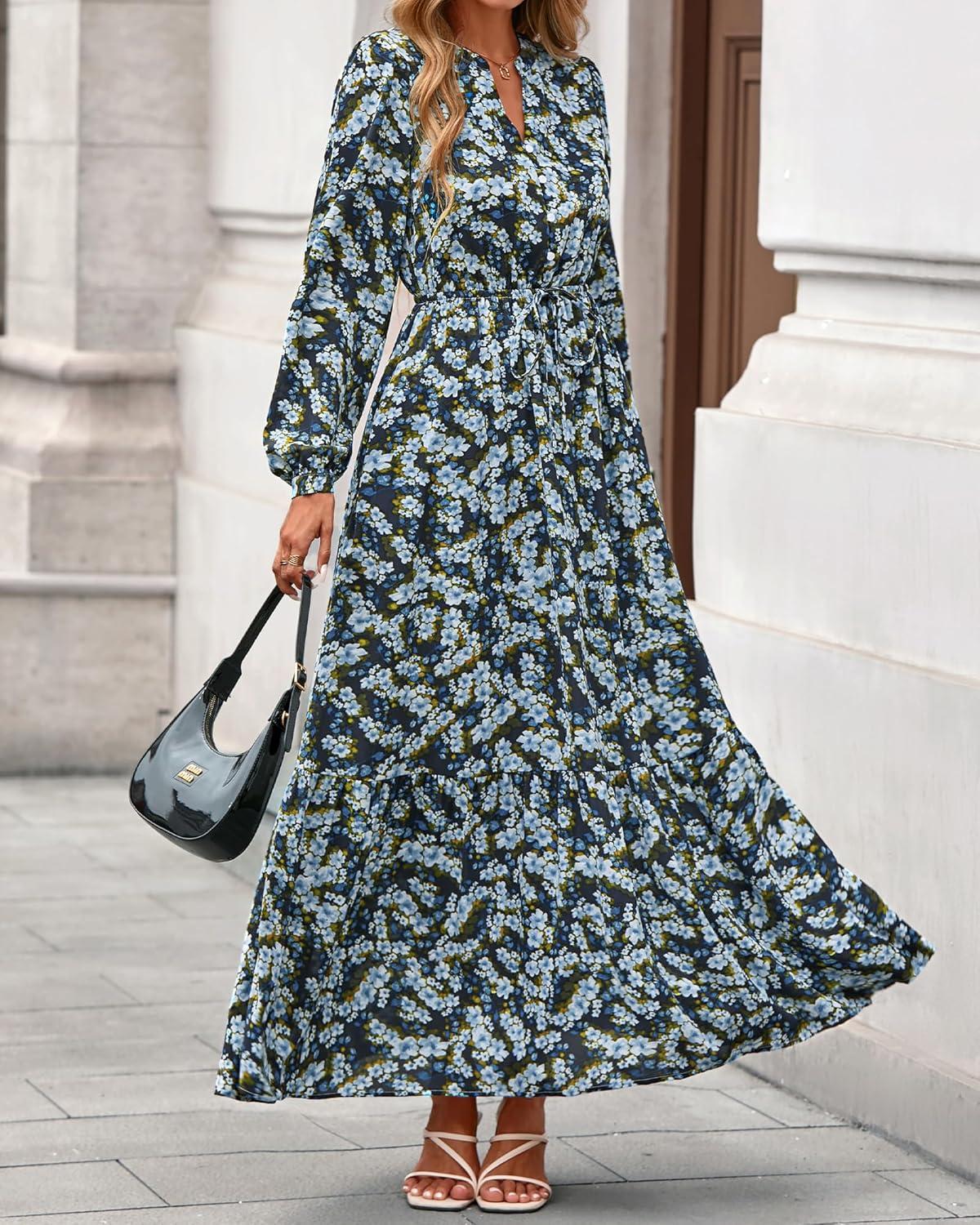imageBTFBM Womens Fall Dresses 2025 Casual Long Sleeve Boho Floral V Neck Button Down Pockets Flowy Vacation Wedding DressFloral Blue Yellow