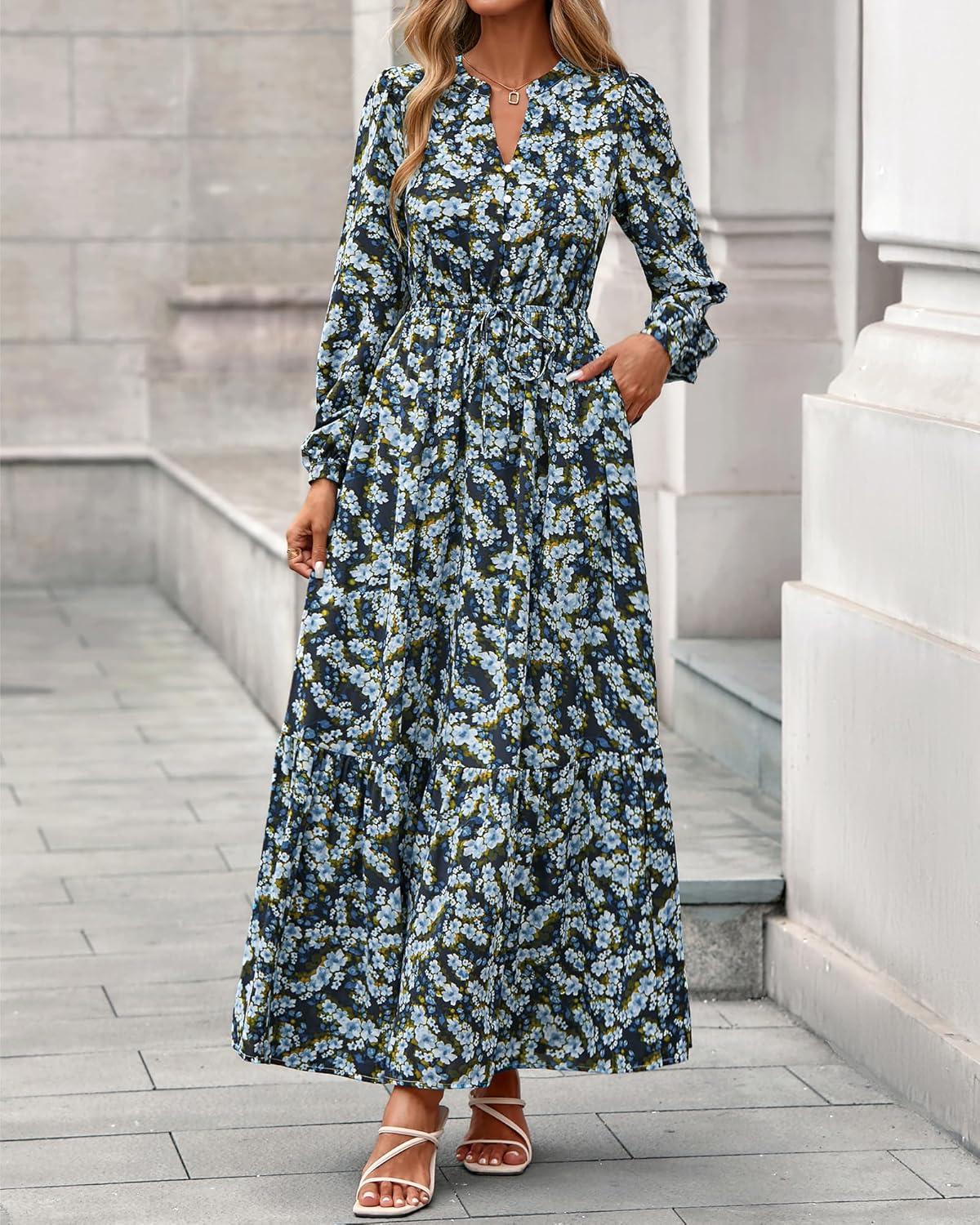 imageBTFBM Womens Fall Dresses 2025 Casual Long Sleeve Boho Floral V Neck Button Down Pockets Flowy Vacation Wedding DressFloral Blue Yellow