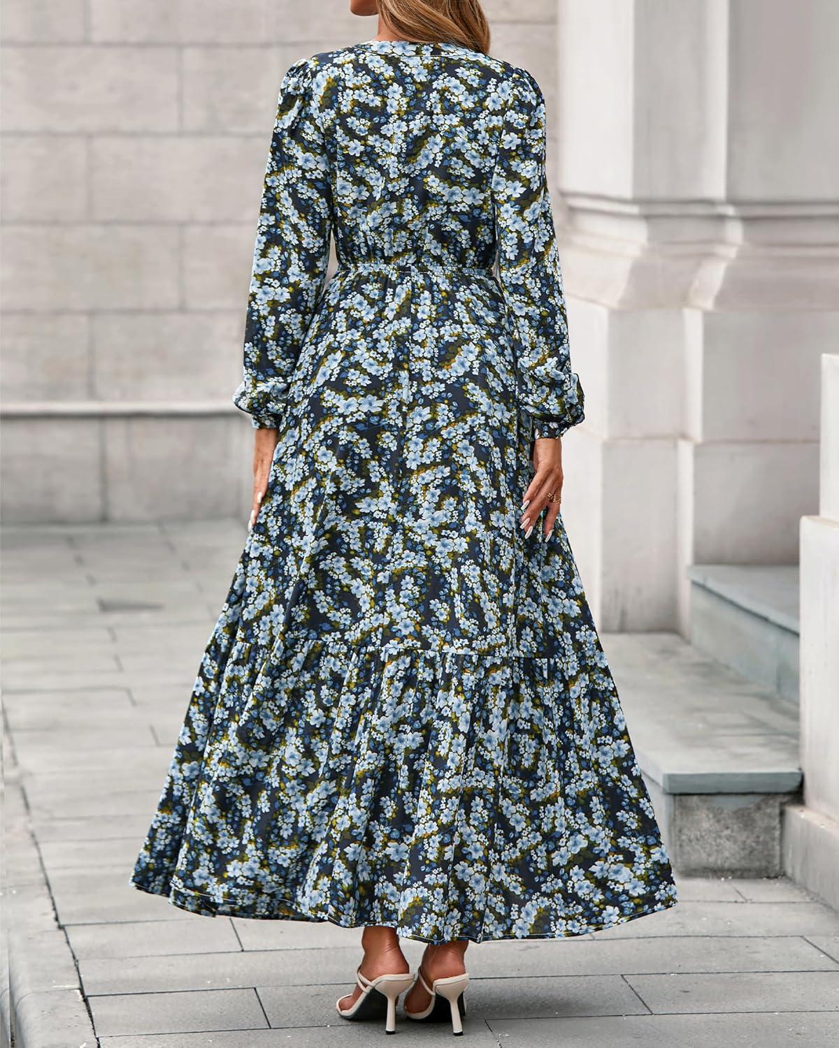 imageBTFBM Womens Fall Dresses 2025 Casual Long Sleeve Boho Floral V Neck Button Down Pockets Flowy Vacation Wedding DressFloral Blue Yellow