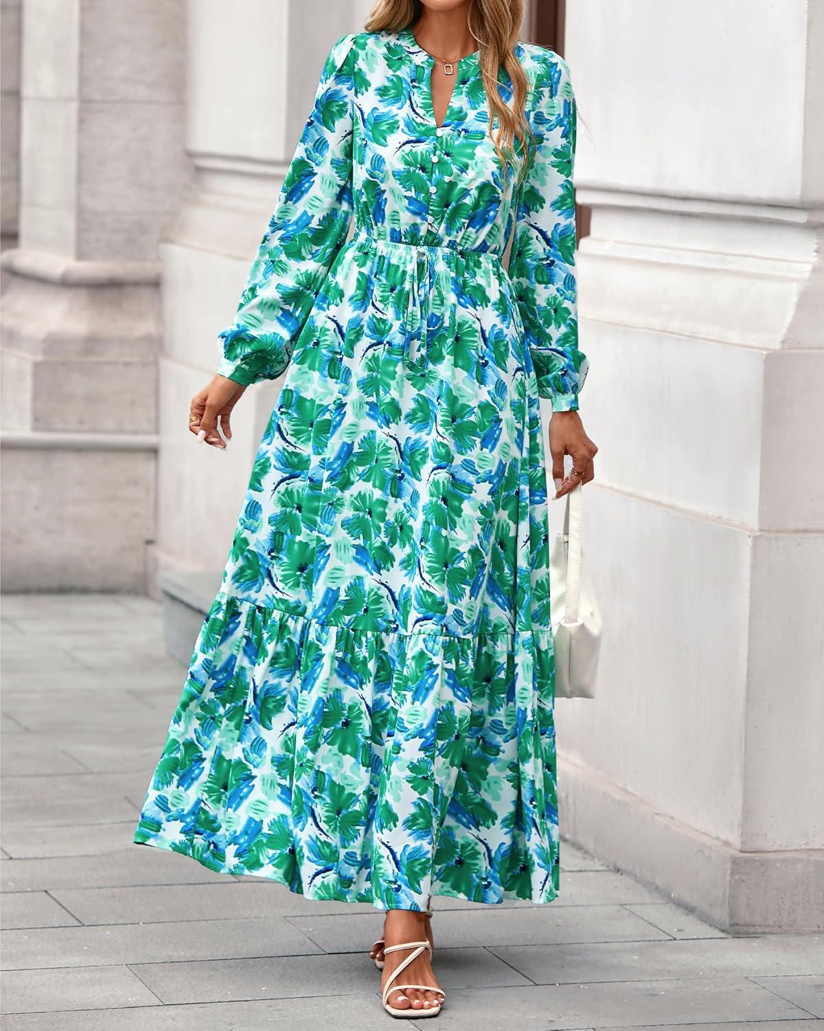 imageBTFBM Womens Fall Dresses 2025 Casual Long Sleeve Boho Floral V Neck Button Down Pockets Flowy Vacation Wedding DressFloral Green