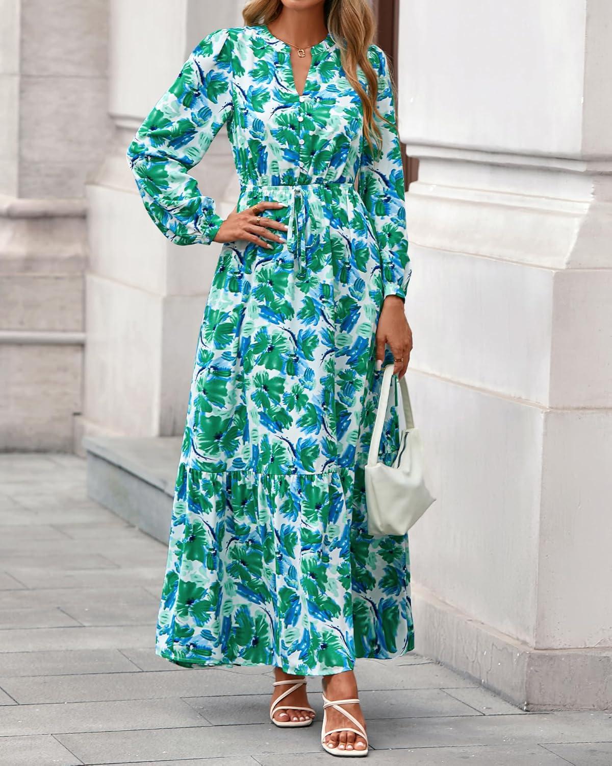 imageBTFBM Womens Fall Dresses 2025 Casual Long Sleeve Boho Floral V Neck Button Down Pockets Flowy Vacation Wedding DressFloral Green