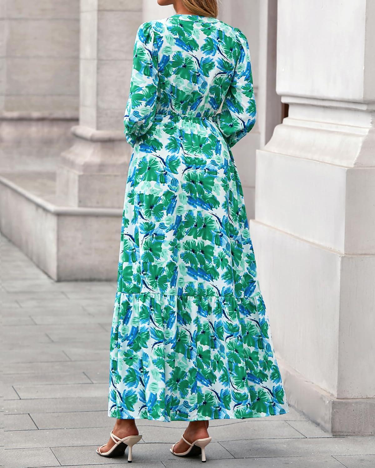imageBTFBM Womens Fall Dresses 2025 Casual Long Sleeve Boho Floral V Neck Button Down Pockets Flowy Vacation Wedding DressFloral Green