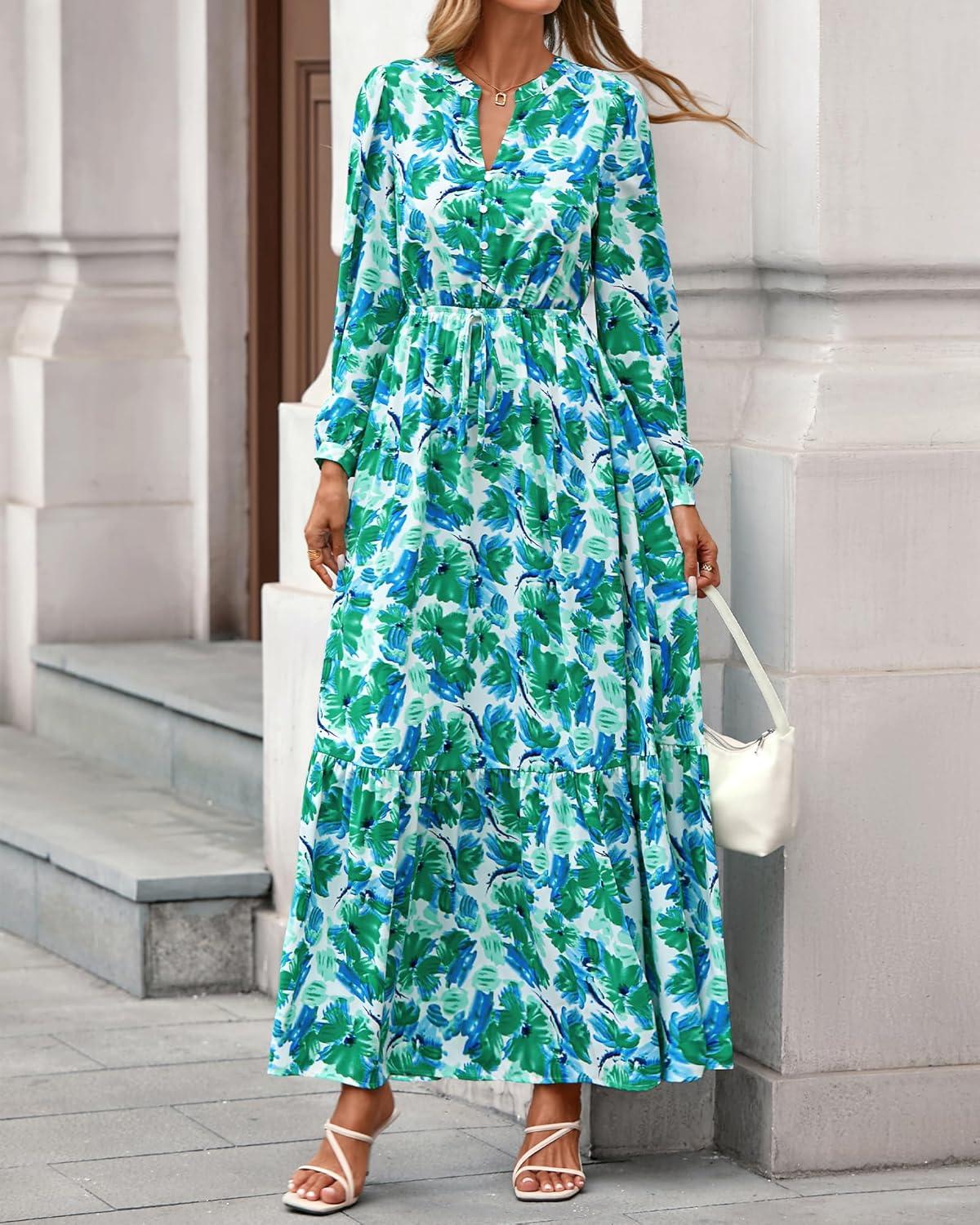imageBTFBM Womens Fall Dresses 2025 Casual Long Sleeve Boho Floral V Neck Button Down Pockets Flowy Vacation Wedding DressFloral Green