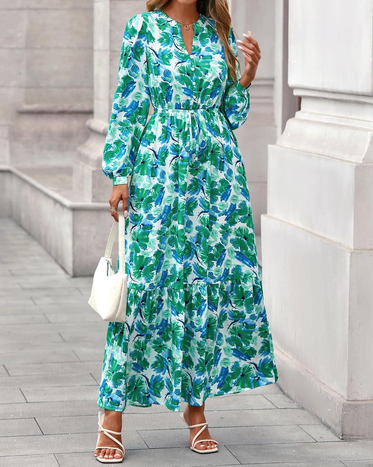 imageBTFBM Womens Fall Dresses 2025 Casual Long Sleeve Boho Floral V Neck Button Down Pockets Flowy Vacation Wedding DressFloral Green