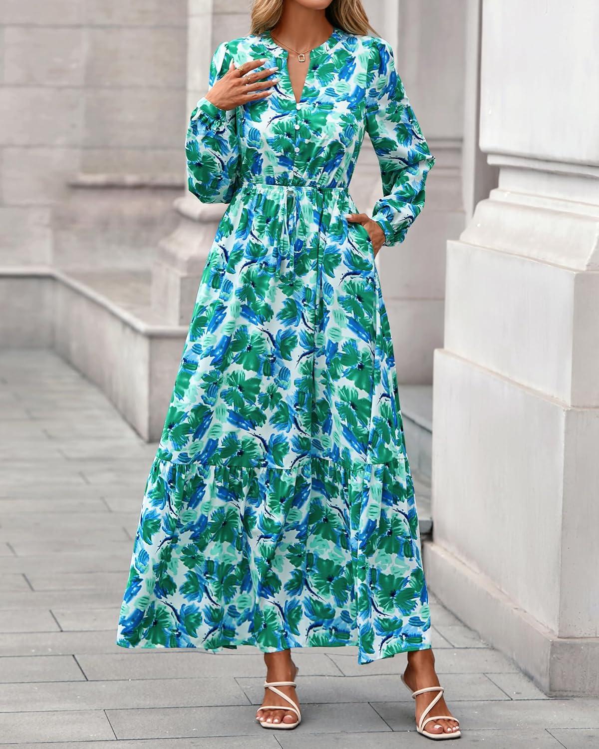 imageBTFBM Womens Fall Dresses 2025 Casual Long Sleeve Boho Floral V Neck Button Down Pockets Flowy Vacation Wedding DressFloral Green