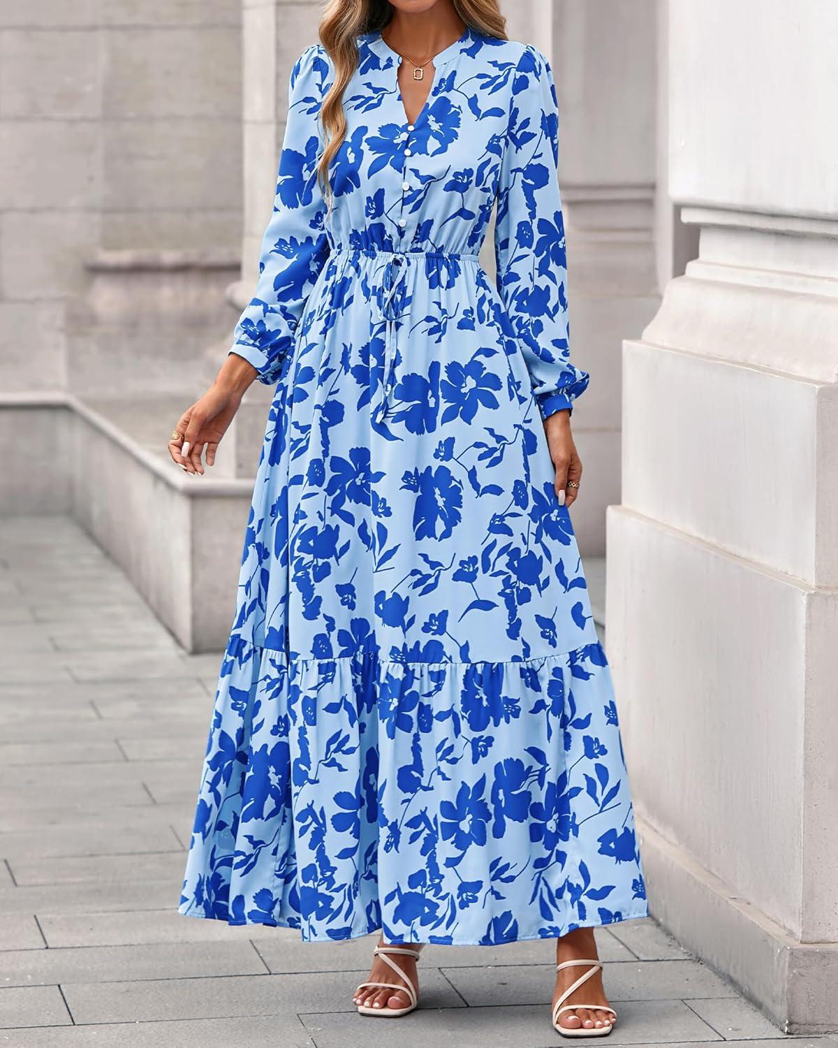 imageBTFBM Womens Fall Dresses 2025 Casual Long Sleeve Boho Floral V Neck Button Down Pockets Flowy Vacation Wedding DressFloral Light Blue Blue