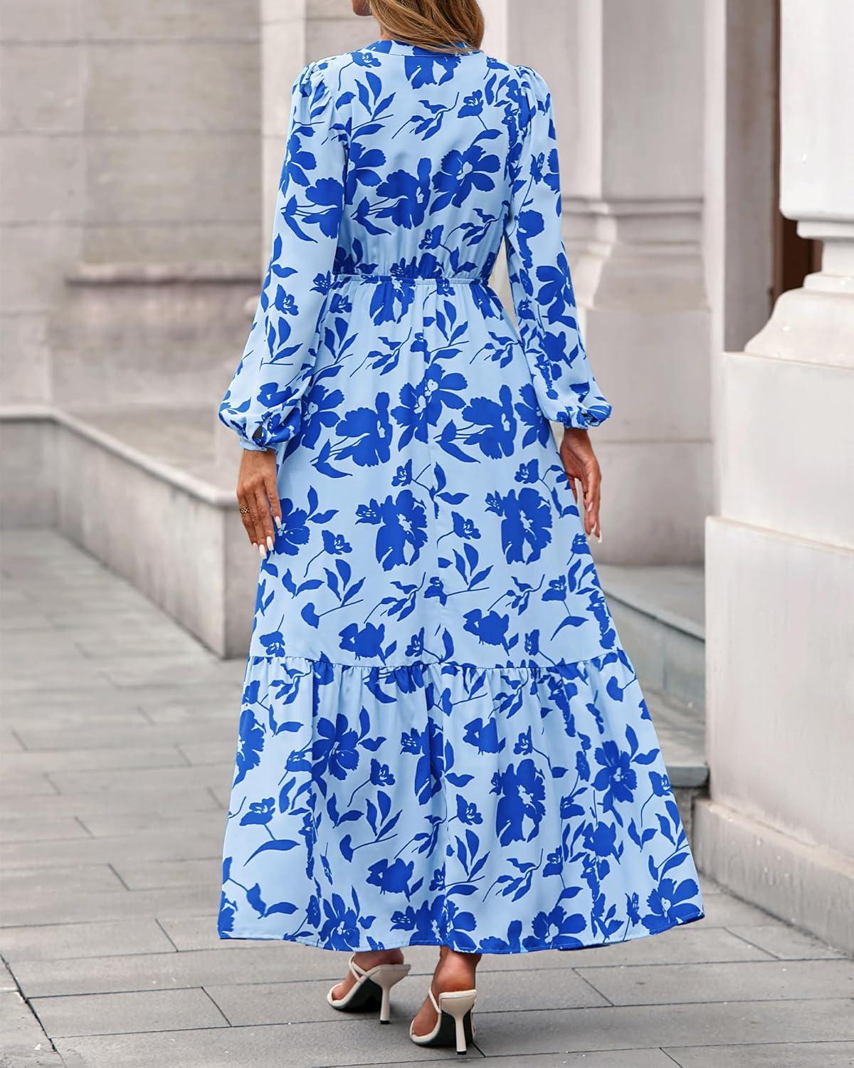 imageBTFBM Womens Fall Dresses 2025 Casual Long Sleeve Boho Floral V Neck Button Down Pockets Flowy Vacation Wedding DressFloral Light Blue Blue