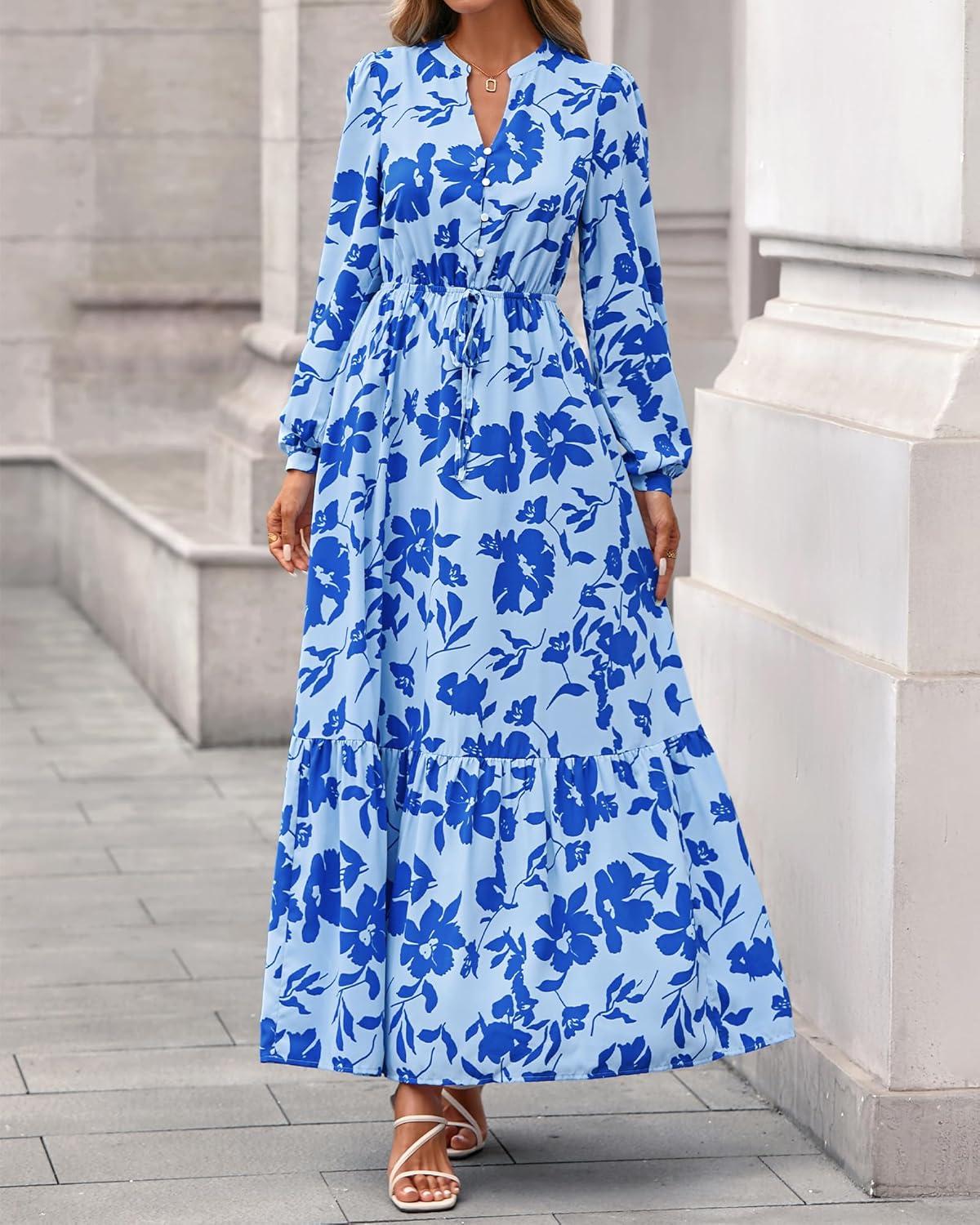 imageBTFBM Womens Fall Dresses 2025 Casual Long Sleeve Boho Floral V Neck Button Down Pockets Flowy Vacation Wedding DressFloral Light Blue Blue