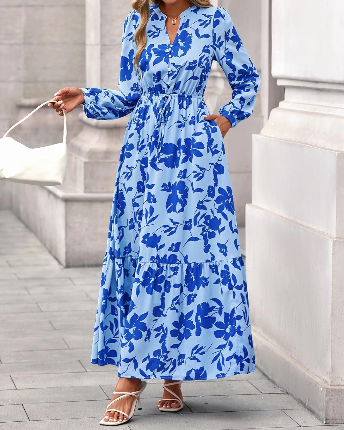 imageBTFBM Womens Fall Dresses 2025 Casual Long Sleeve Boho Floral V Neck Button Down Pockets Flowy Vacation Wedding DressFloral Light Blue Blue