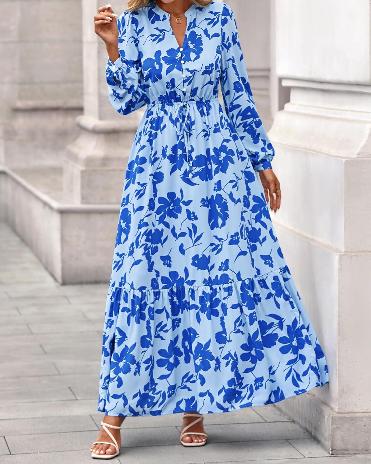 imageBTFBM Womens Fall Dresses 2025 Casual Long Sleeve Boho Floral V Neck Button Down Pockets Flowy Vacation Wedding DressFloral Light Blue Blue