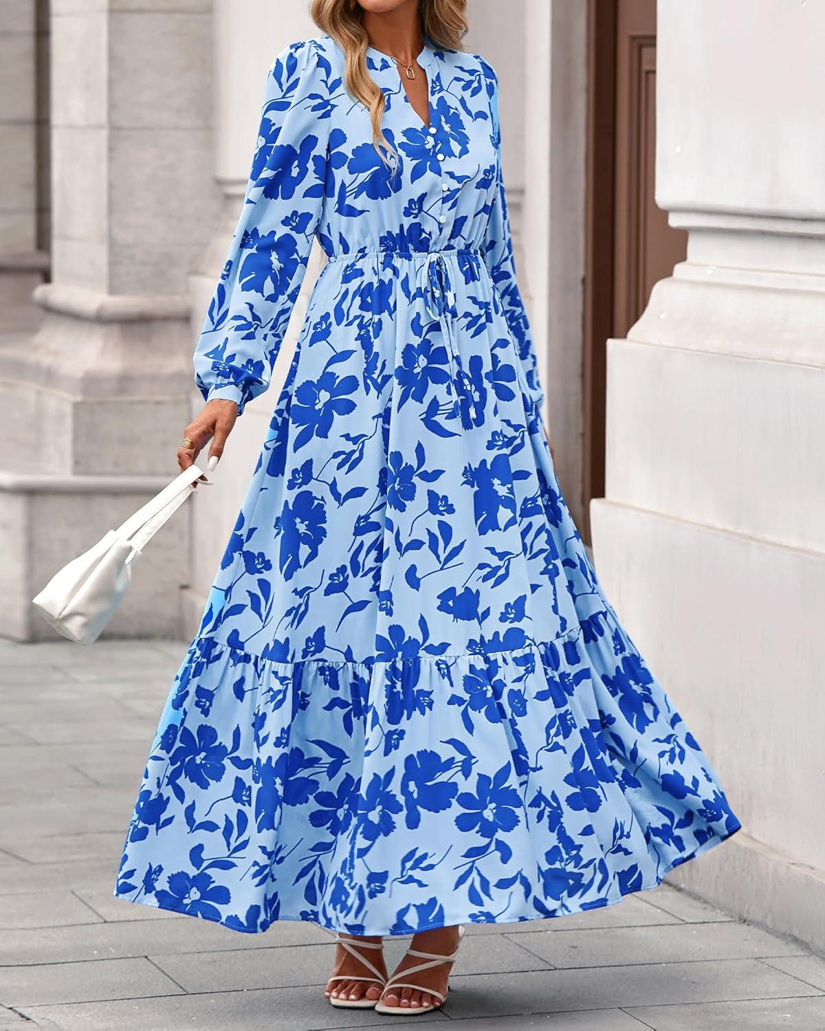 imageBTFBM Womens Fall Dresses 2025 Casual Long Sleeve Boho Floral V Neck Button Down Pockets Flowy Vacation Wedding DressFloral Light Blue Blue